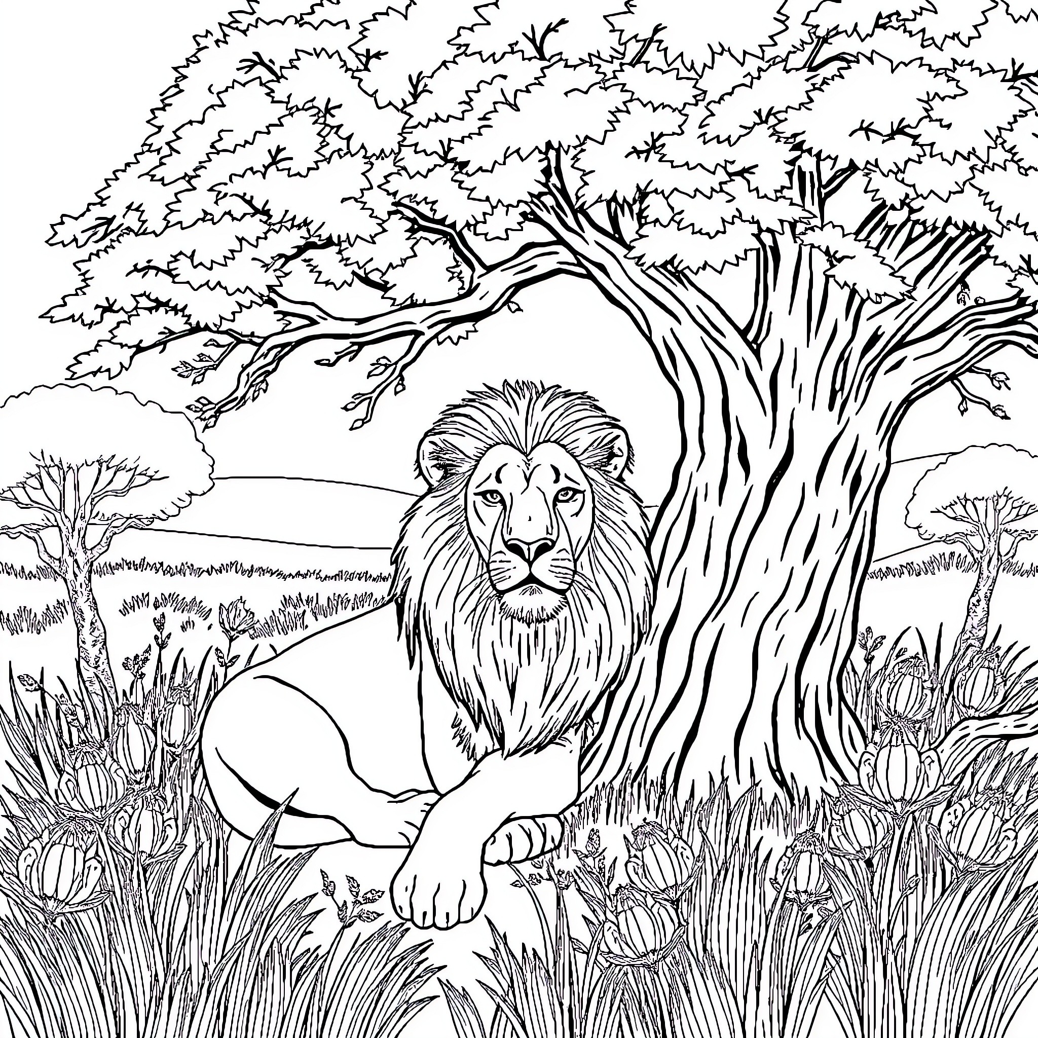 Lion resting in lush forest landscape Coloring Page (free black-and-white line drawing printable PDF for all, from beginners to advanced learners, including children, teens, adults, and seniors)