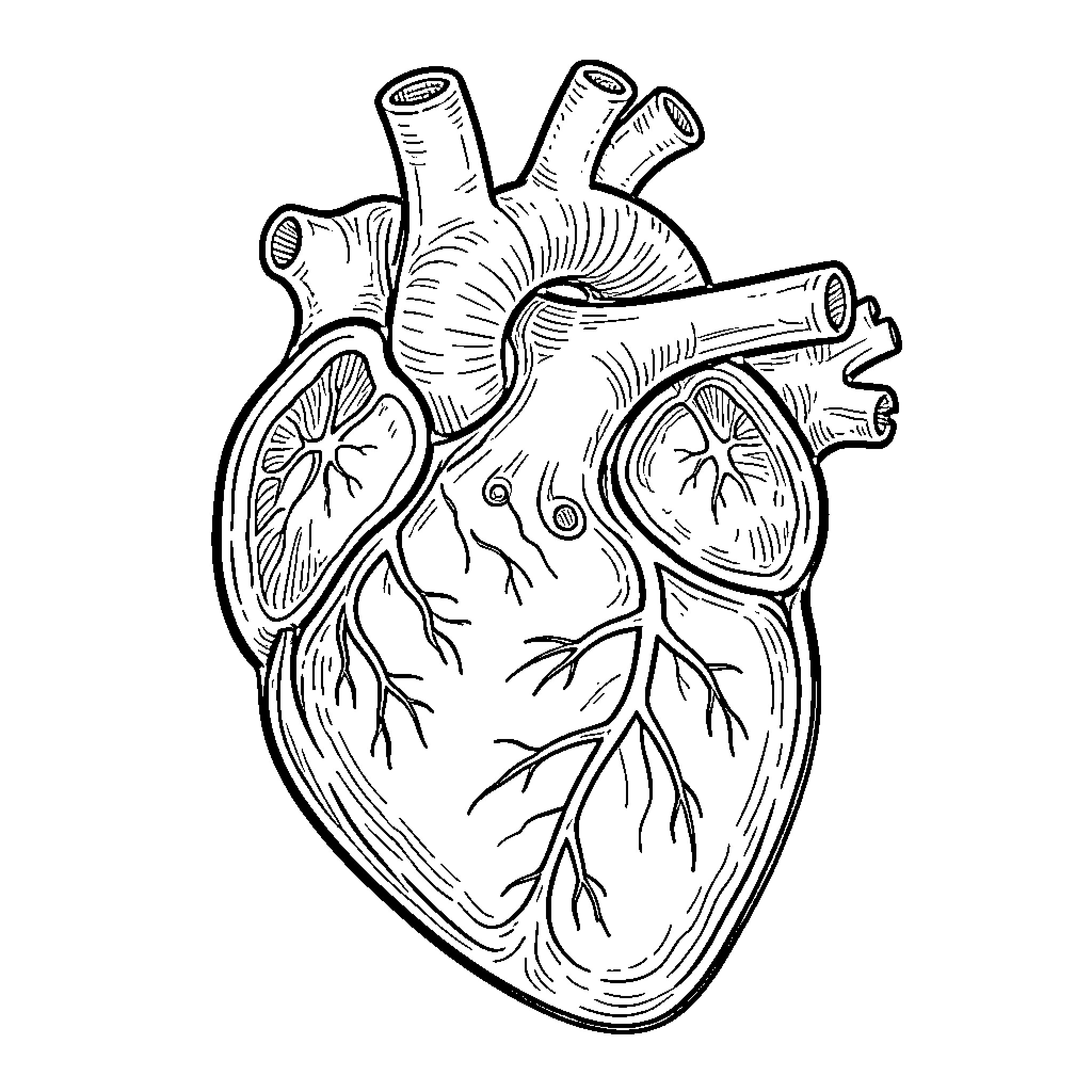 Corazon: Anatomical Illustration of the Human Heart Coloring Page (free black-and-white line drawing printable PDF for all, from beginners to advanced learners, including children, teens, adults, and seniors)