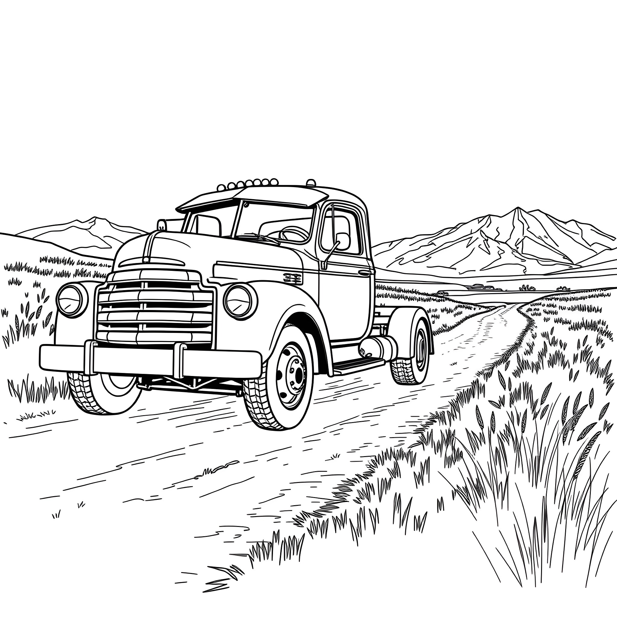 Truck traveling on a scenic mountain road Coloring Page (free black-and-white line drawing printable PDF for all, from beginners to advanced learners, including children, teens, adults, and seniors)