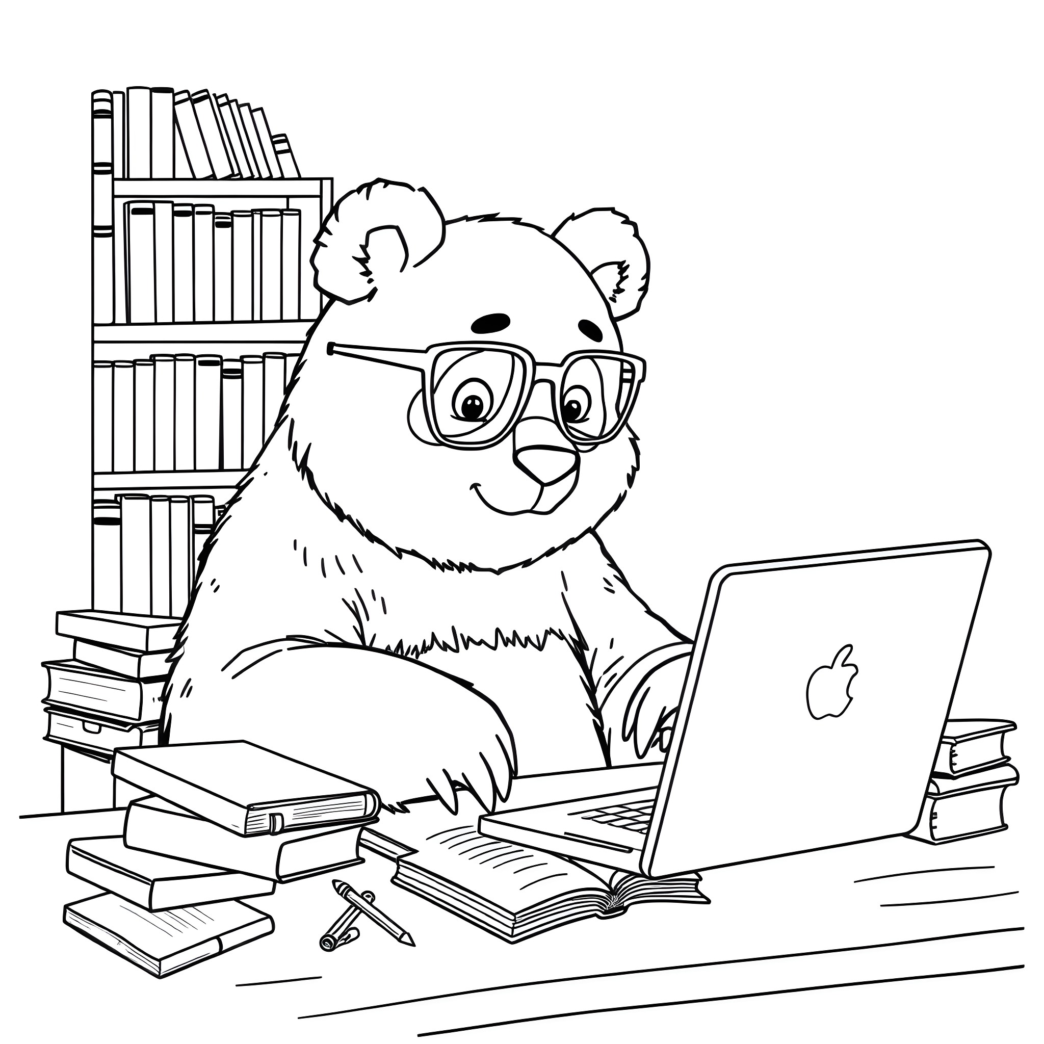 Panda working diligently at a desk with books Coloring Page (free black-and-white line drawing printable PDF for all, from beginners to advanced learners, including children, teens, adults, and seniors)