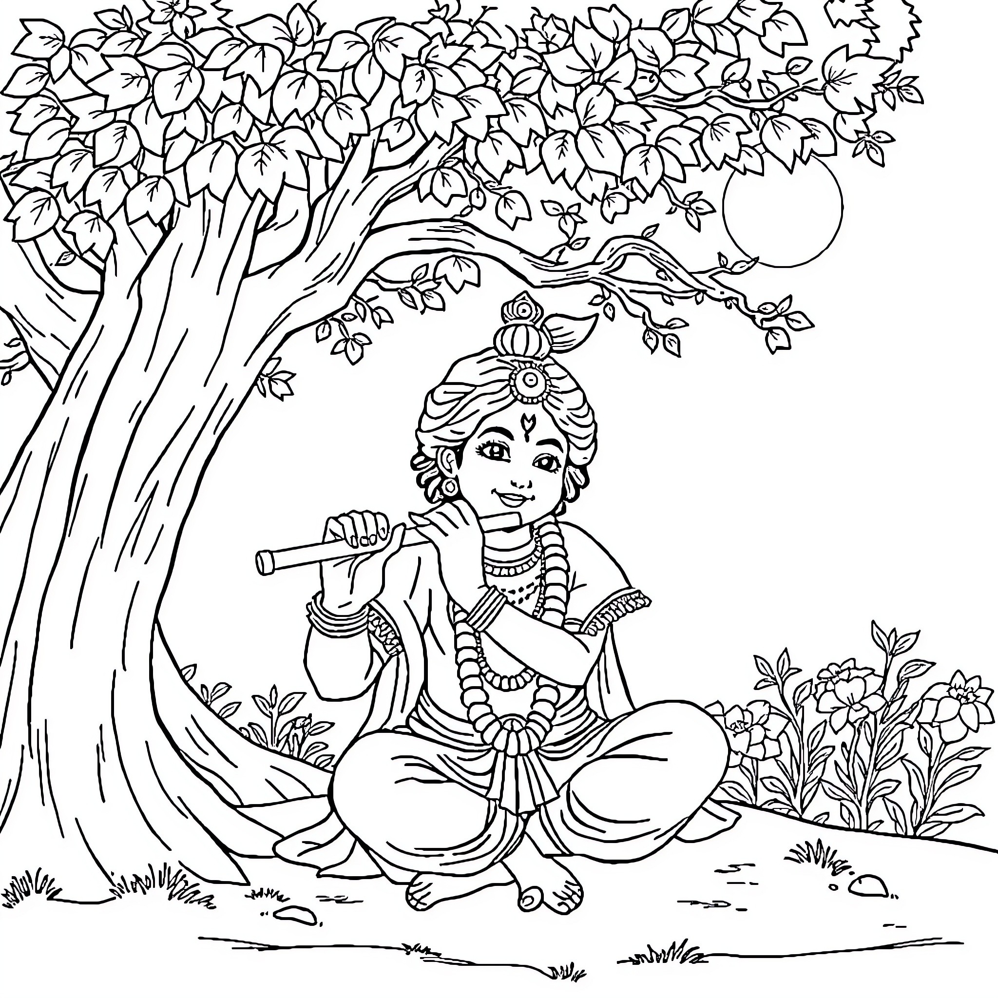 Krishna playing the flute under a tree Coloring Page (free black-and-white line drawing printable PDF for all, from beginners to advanced learners, including children, teens, adults, and seniors)