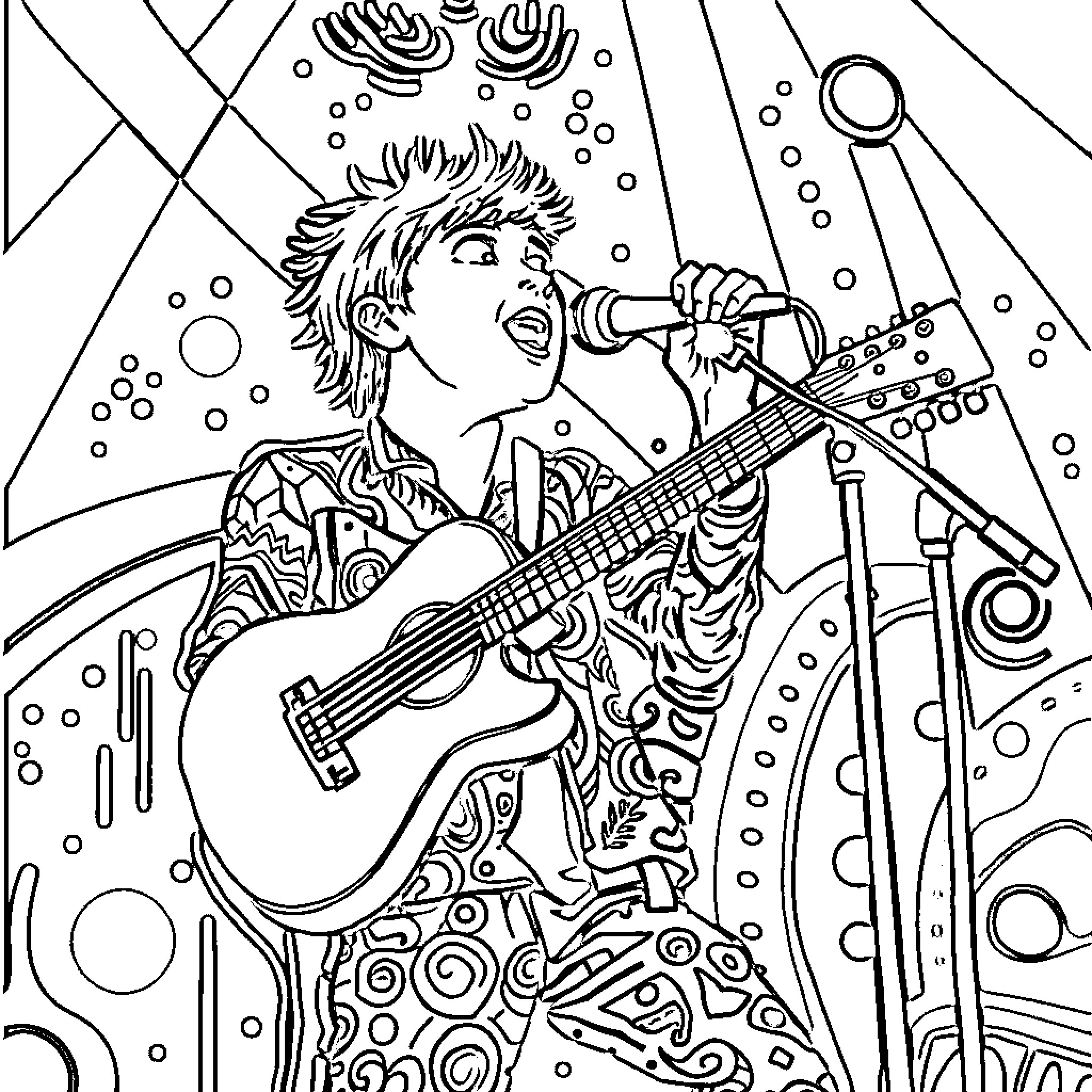 Nemo the Rock Star on Stage Coloring Page (free black-and-white line drawing printable PDF for all, from beginners to advanced learners, including children, teens, adults, and seniors)