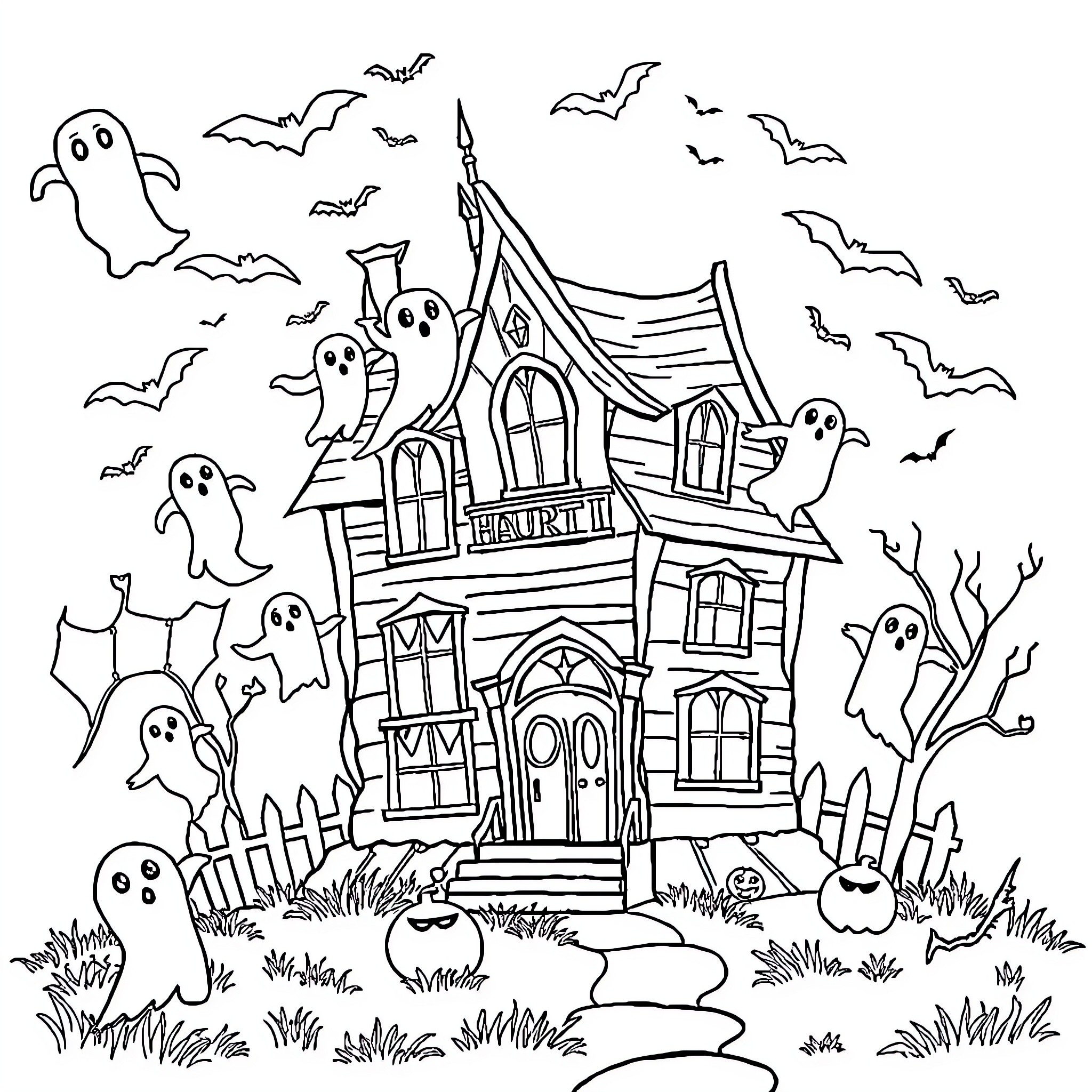 Haunted House with Ghostly Figures and Bats Coloring Page (free black-and-white line drawing printable PDF for all, from beginners to advanced learners, including children, teens, adults, and seniors)