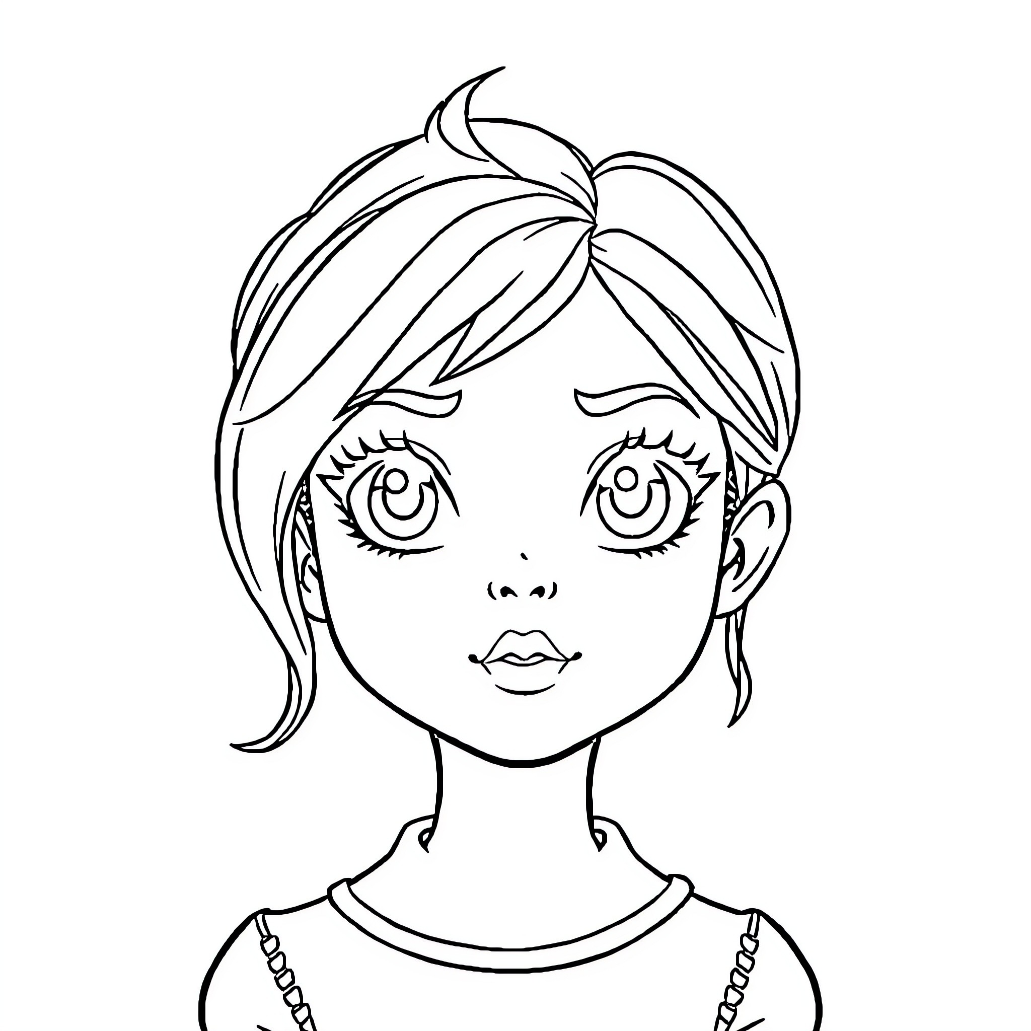 Fille with expressive features and hairstyle Coloring Page (free black-and-white line drawing printable PDF for all, from beginners to advanced learners, including children, teens, adults, and seniors)