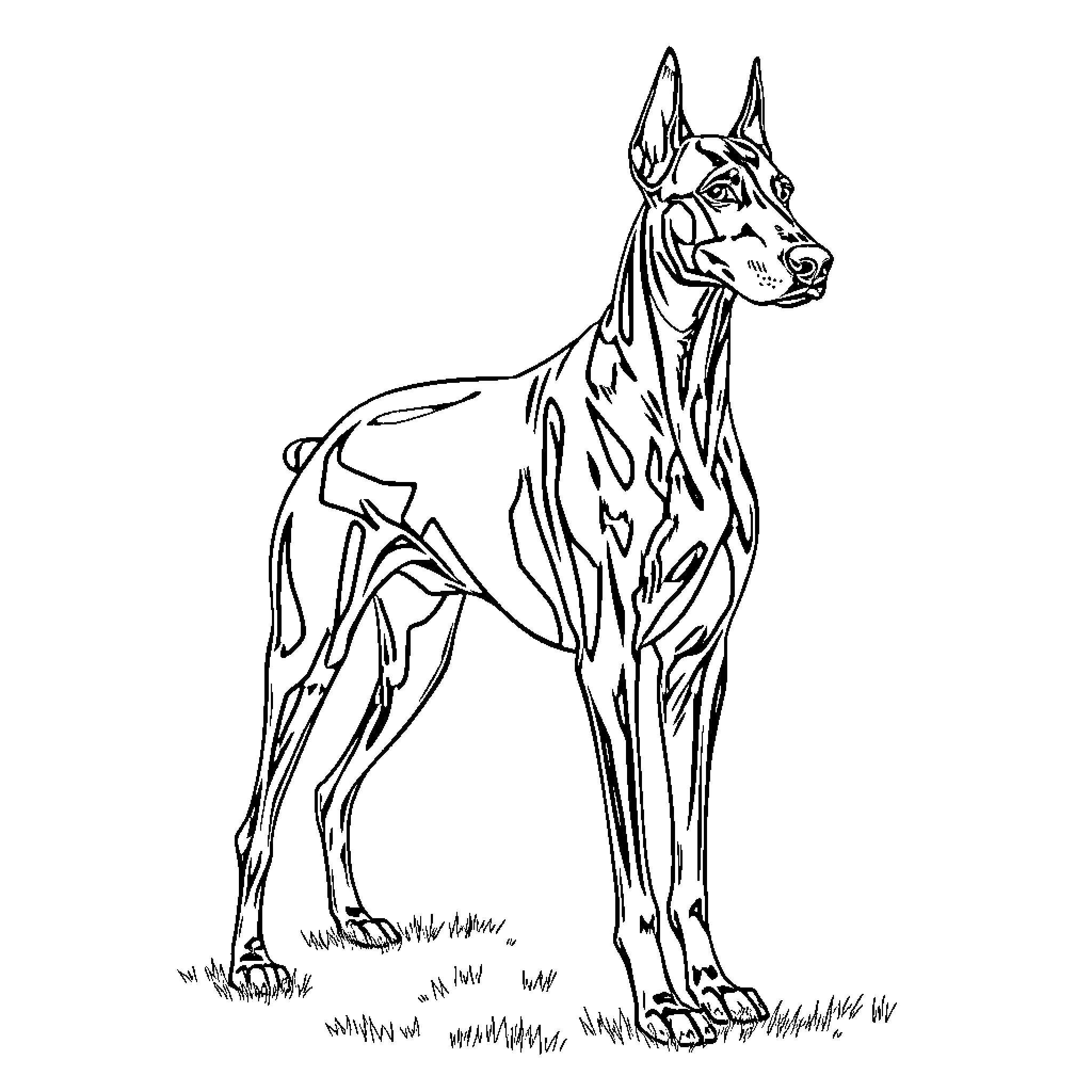 Doberman standing alert in nature Coloring Page (free black-and-white line drawing printable PDF for all, from beginners to advanced learners, including children, teens, adults, and seniors)