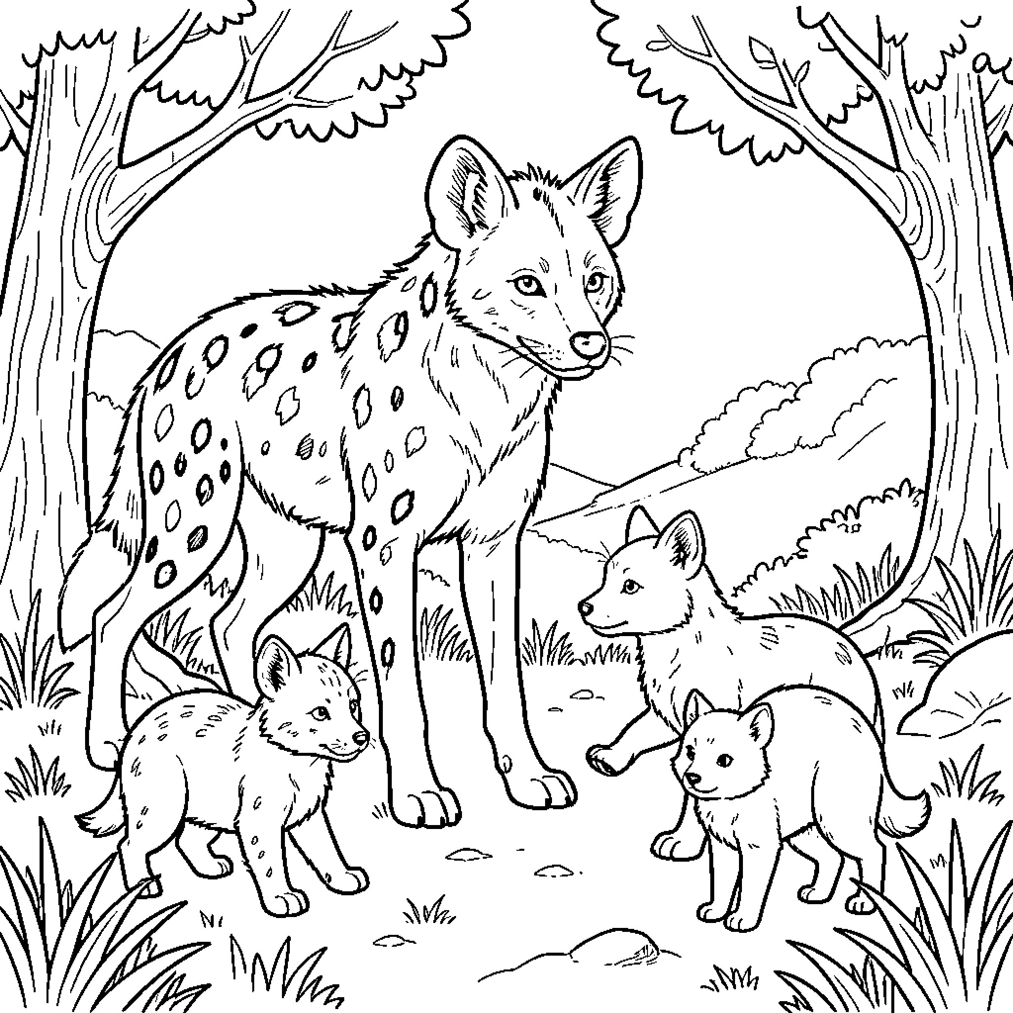 Hyena standing with its three small cubs Coloring Page (free black-and-white line drawing printable PDF for all, from beginners to advanced learners, including children, teens, adults, and seniors)