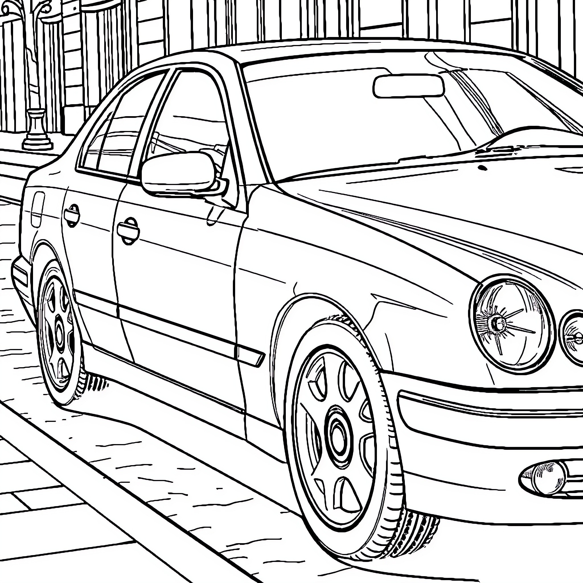 Car parked on urban street Coloring Page (free black-and-white line drawing printable PDF for all, from beginners to advanced learners, including children, teens, adults, and seniors)