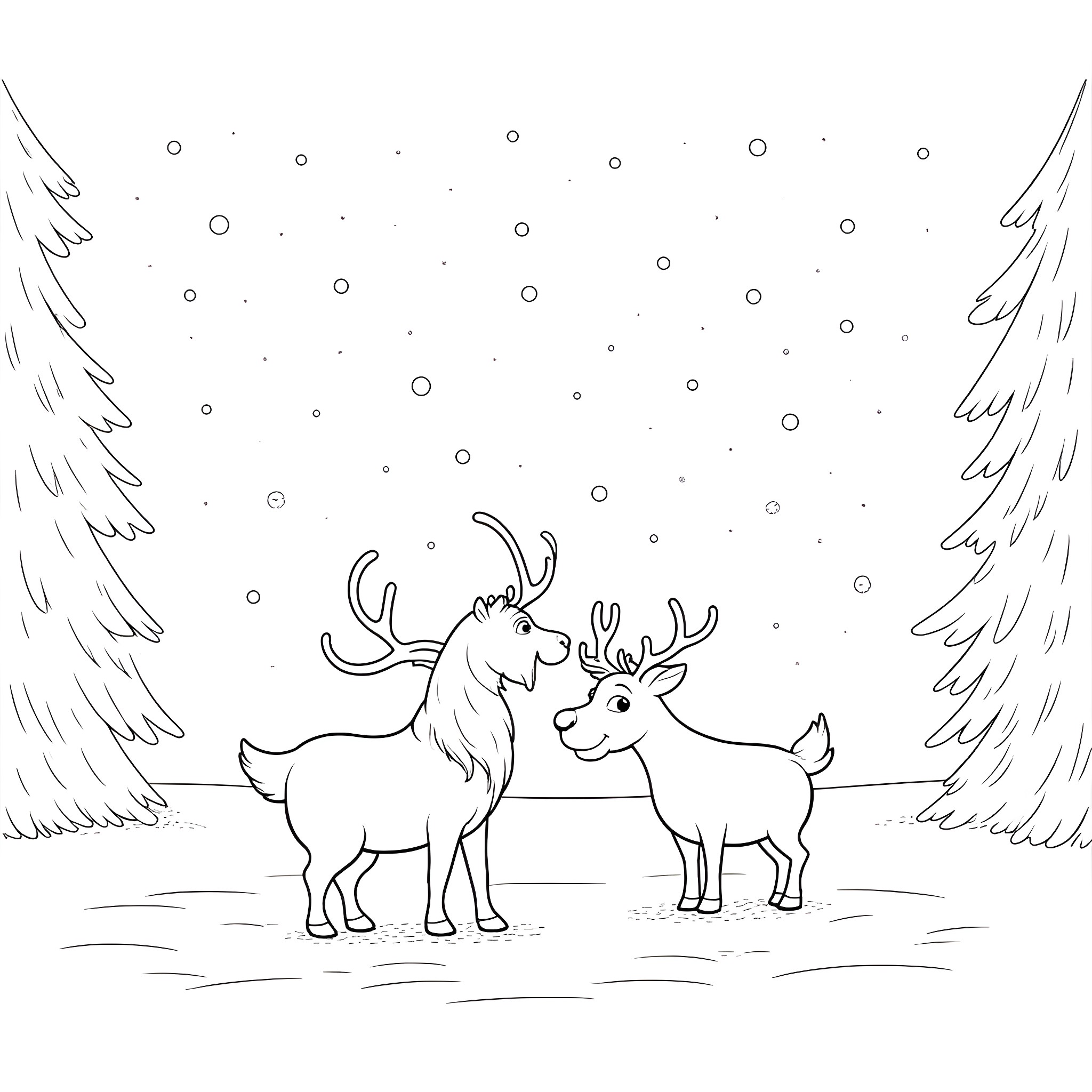 Kristoff's Deer Friends in the Snowy Forest Coloring Page (free black-and-white line drawing printable PDF for all, from beginners to advanced learners, including children, teens, adults, and seniors)