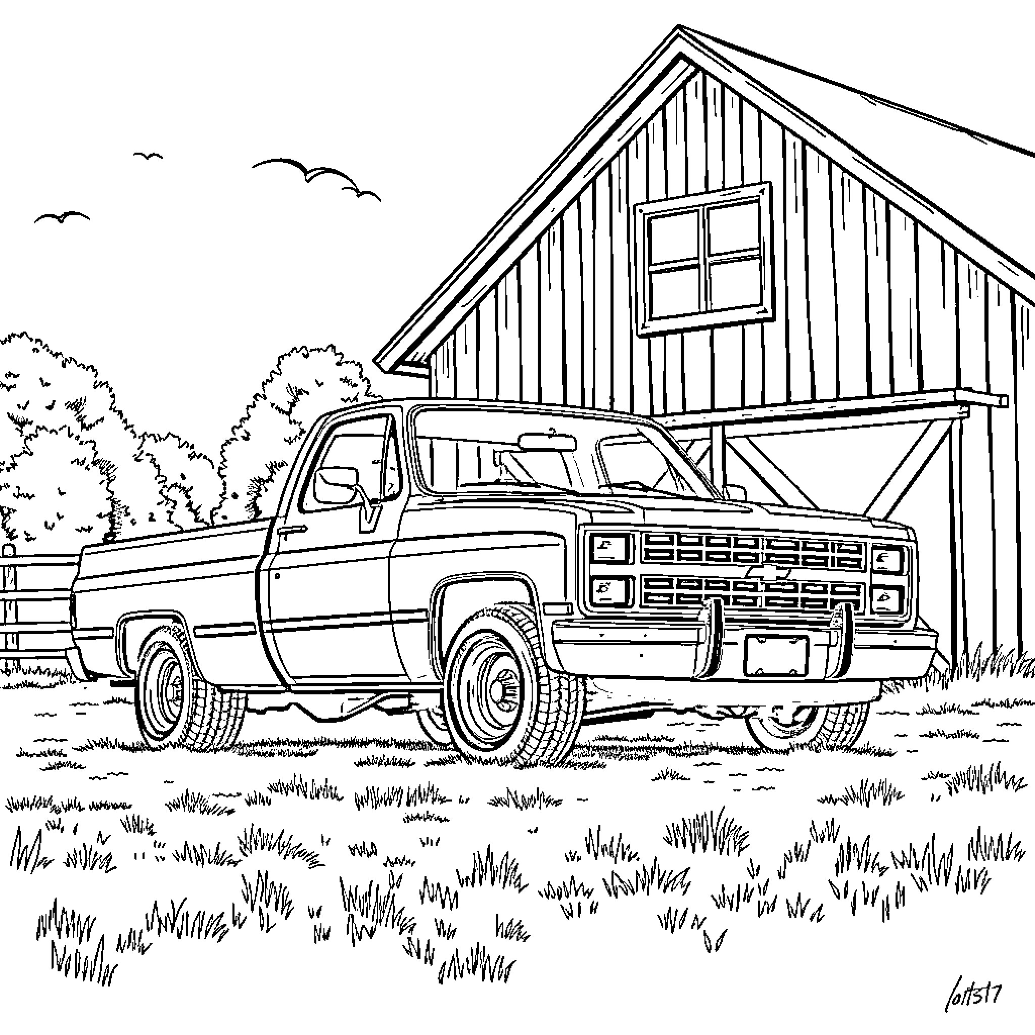 Chevy truck parked in front of old barn in rural setting Coloring Page (free black-and-white line drawing printable PDF for all, from beginners to advanced learners, including children, teens, adults, and seniors)