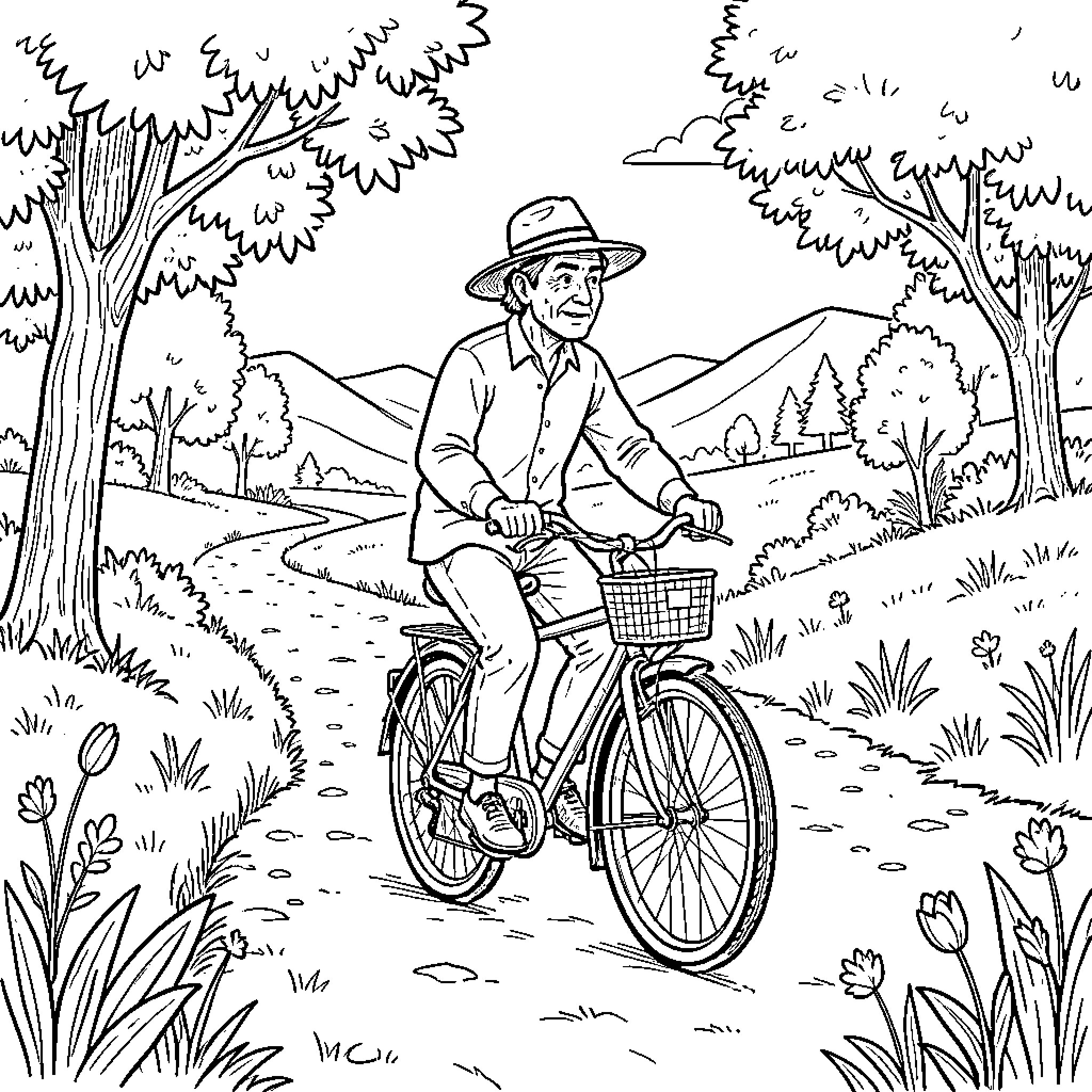 Horacio Quiroga riding a bicycle through a scenic landscape Coloring Page (free black-and-white line drawing printable PDF for all, from beginners to advanced learners, including children, teens, adults, and seniors)