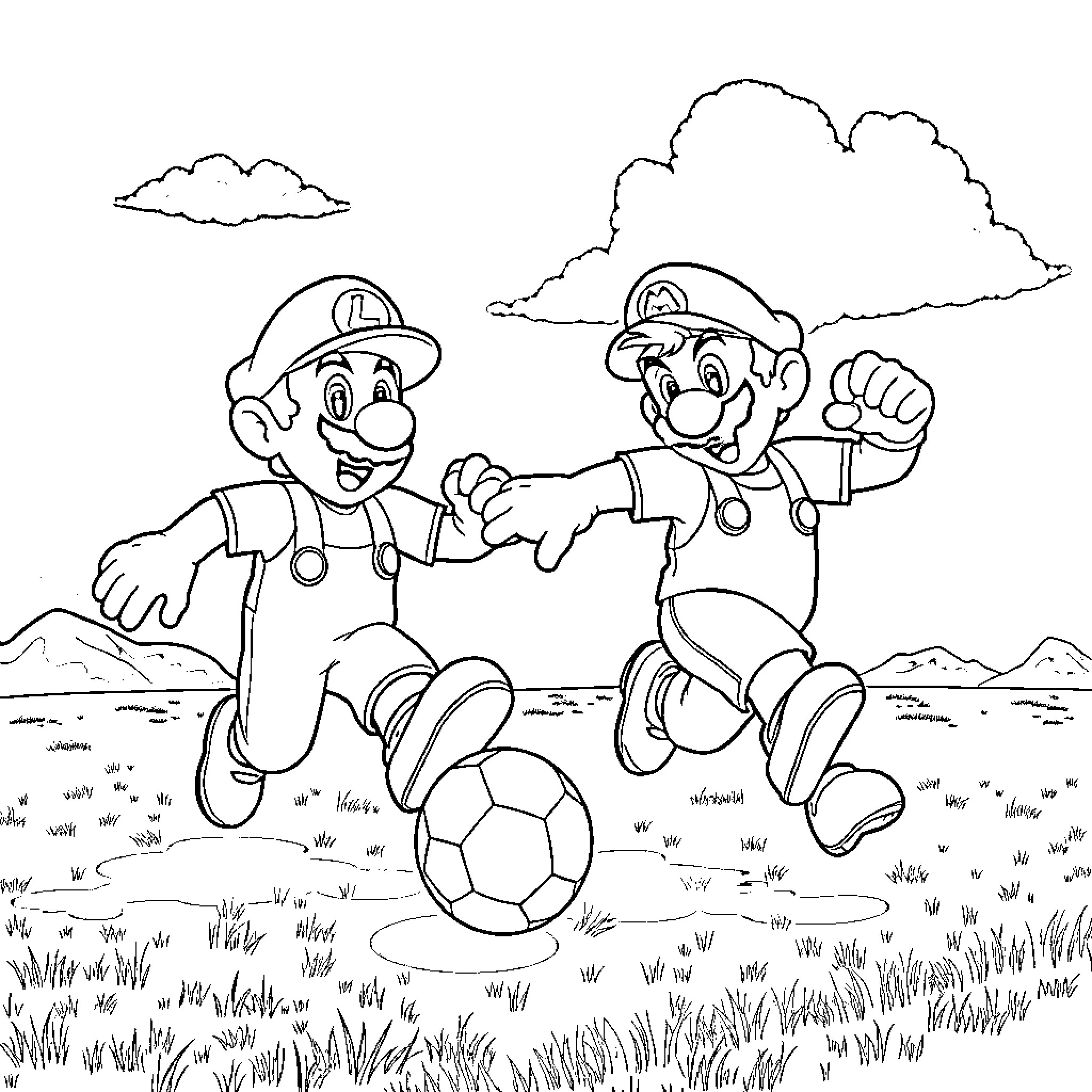Mario Brothers Playing Soccer in the Countryside Coloring Page (free black-and-white line drawing printable PDF for all, from beginners to advanced learners, including children, teens, adults, and seniors)