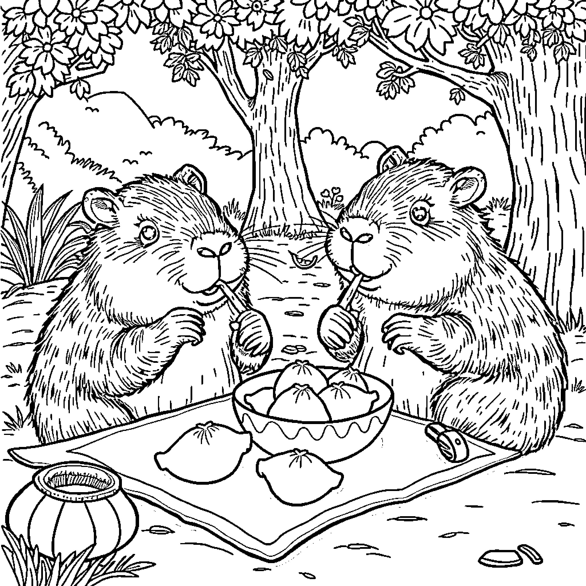 Capybara friends sharing a meal in the forest Coloring Page (free black-and-white line drawing printable PDF for all, from beginners to advanced learners, including children, teens, adults, and seniors)