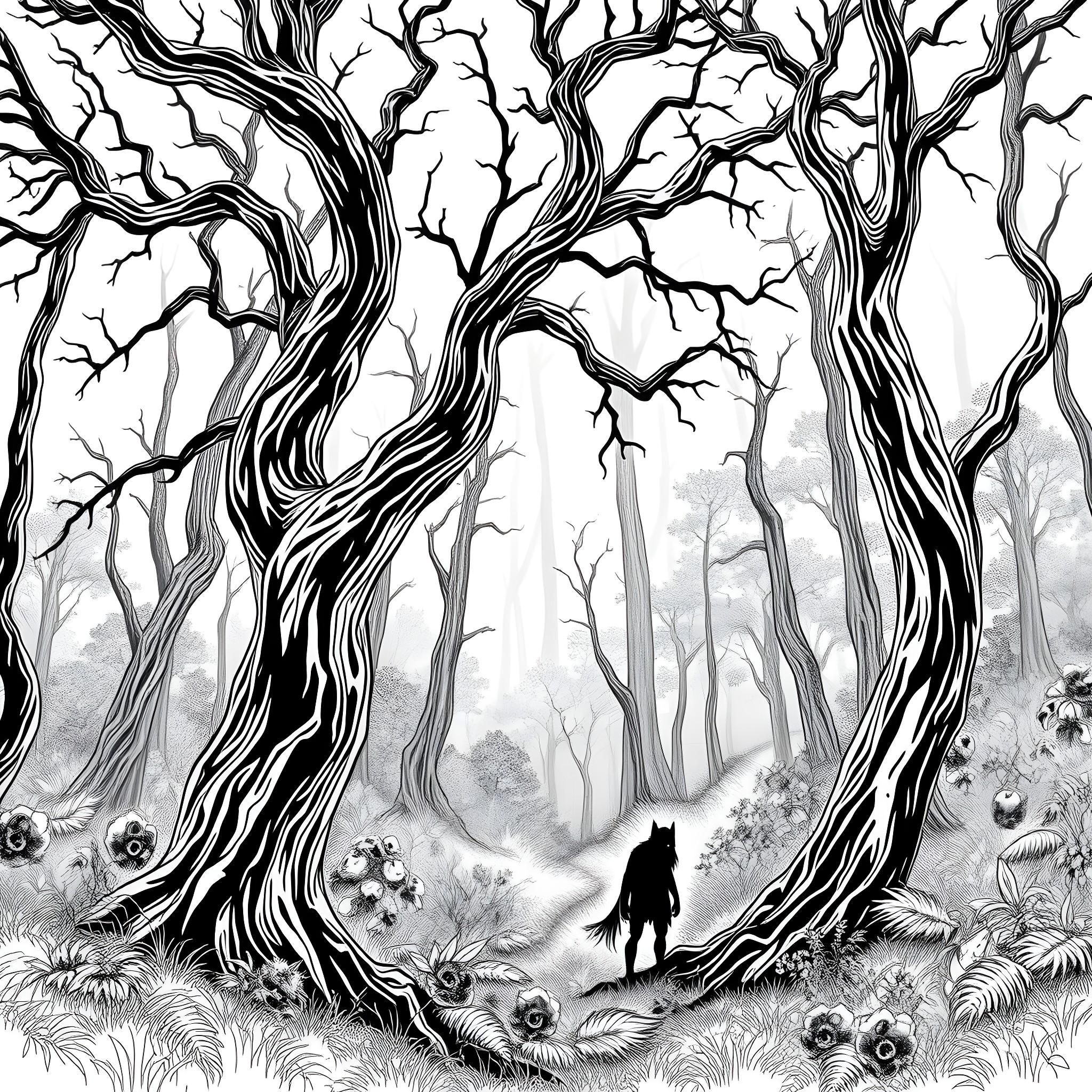 Wendigo in the Eerie Forest Coloring Page (free black-and-white line drawing printable PDF for all, from beginners to advanced learners, including children, teens, adults, and seniors)