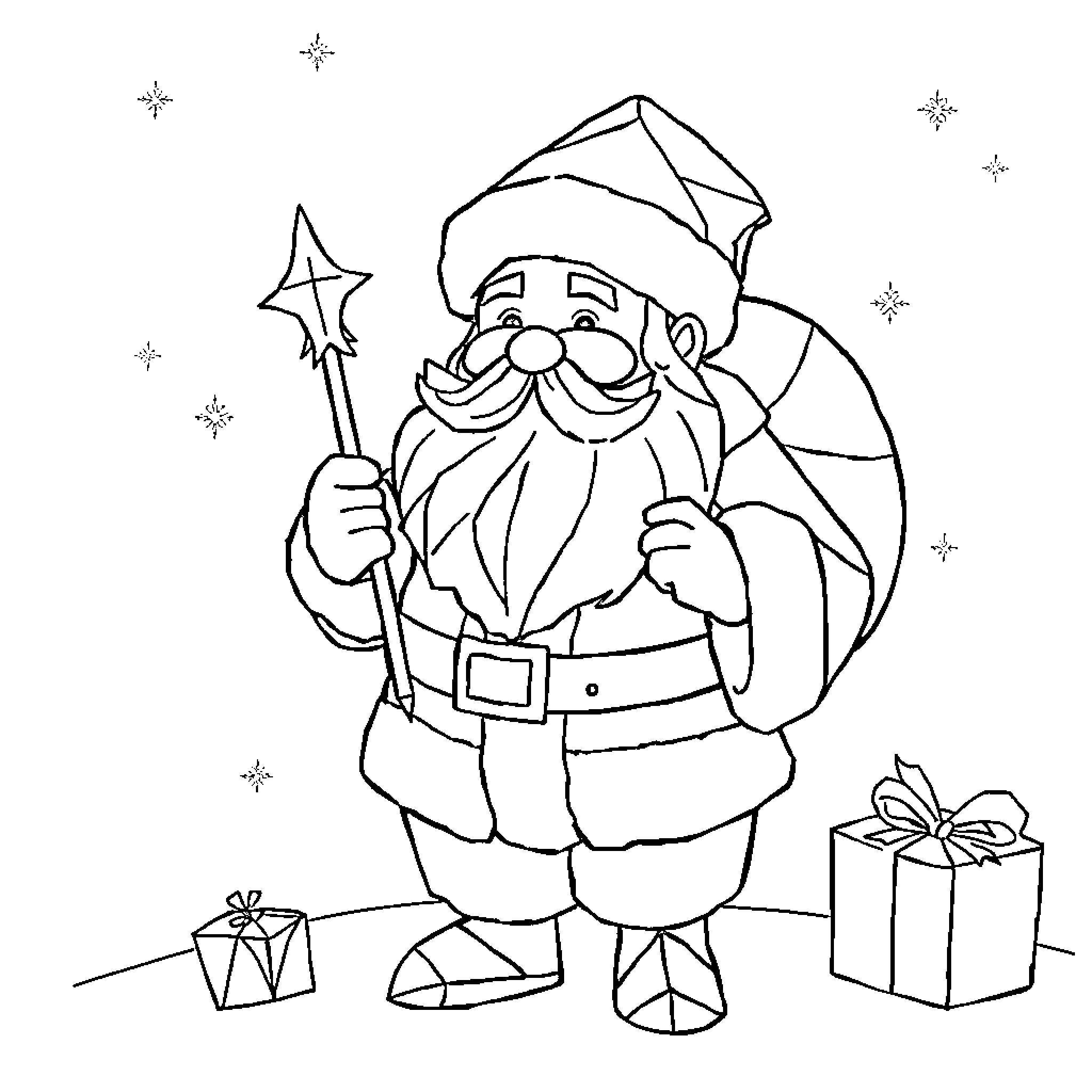 Santa Claus with magic wand and gifts Coloring Page (free black-and-white line drawing printable PDF for all, from beginners to advanced learners, including children, teens, adults, and seniors)