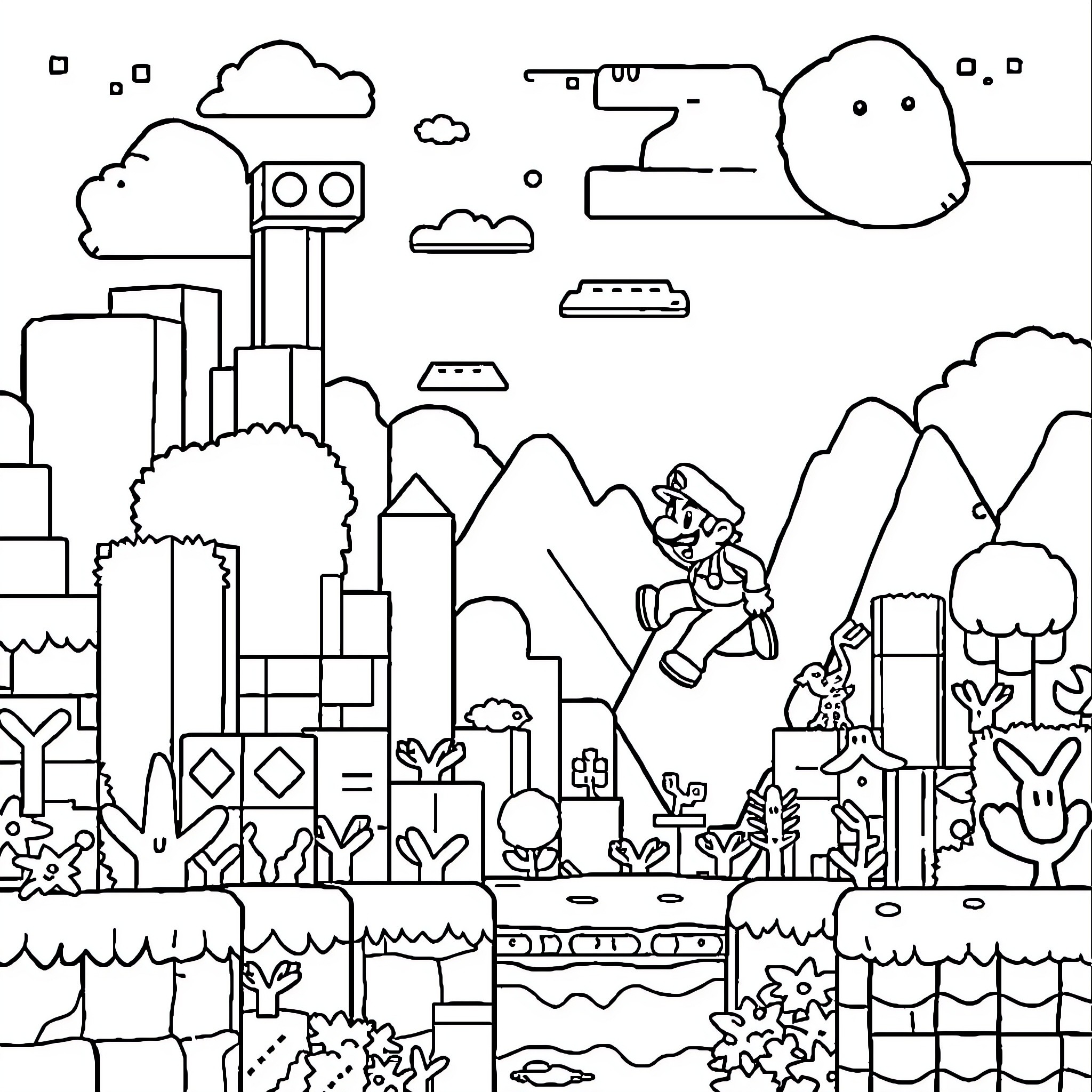 Minecraft character exploring a whimsical landscape Coloring Page (free black-and-white line drawing printable PDF for all, from beginners to advanced learners, including children, teens, adults, and seniors)