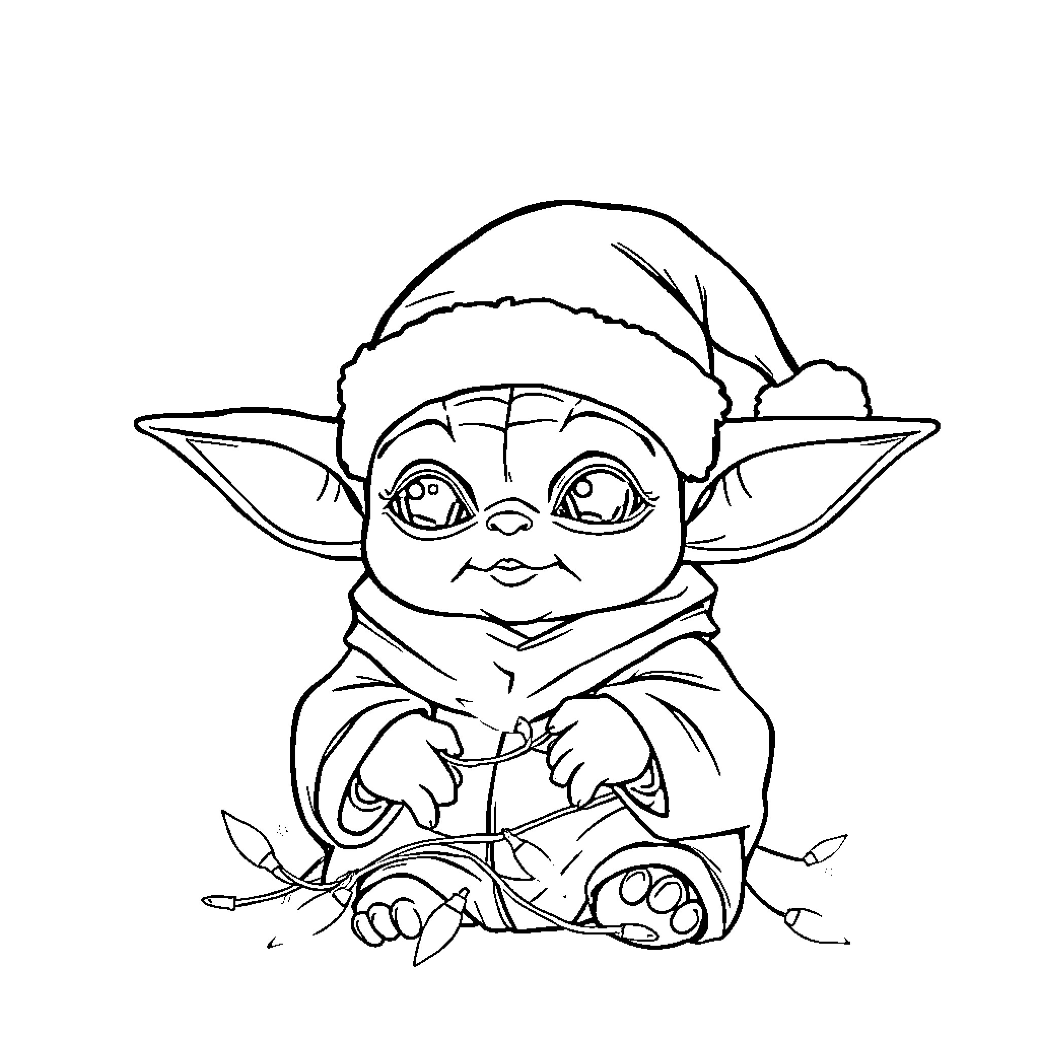 Baby Yoda wearing winter clothes and sitting Coloring Page (free black-and-white line drawing printable PDF for all, from beginners to advanced learners, including children, teens, adults, and seniors)