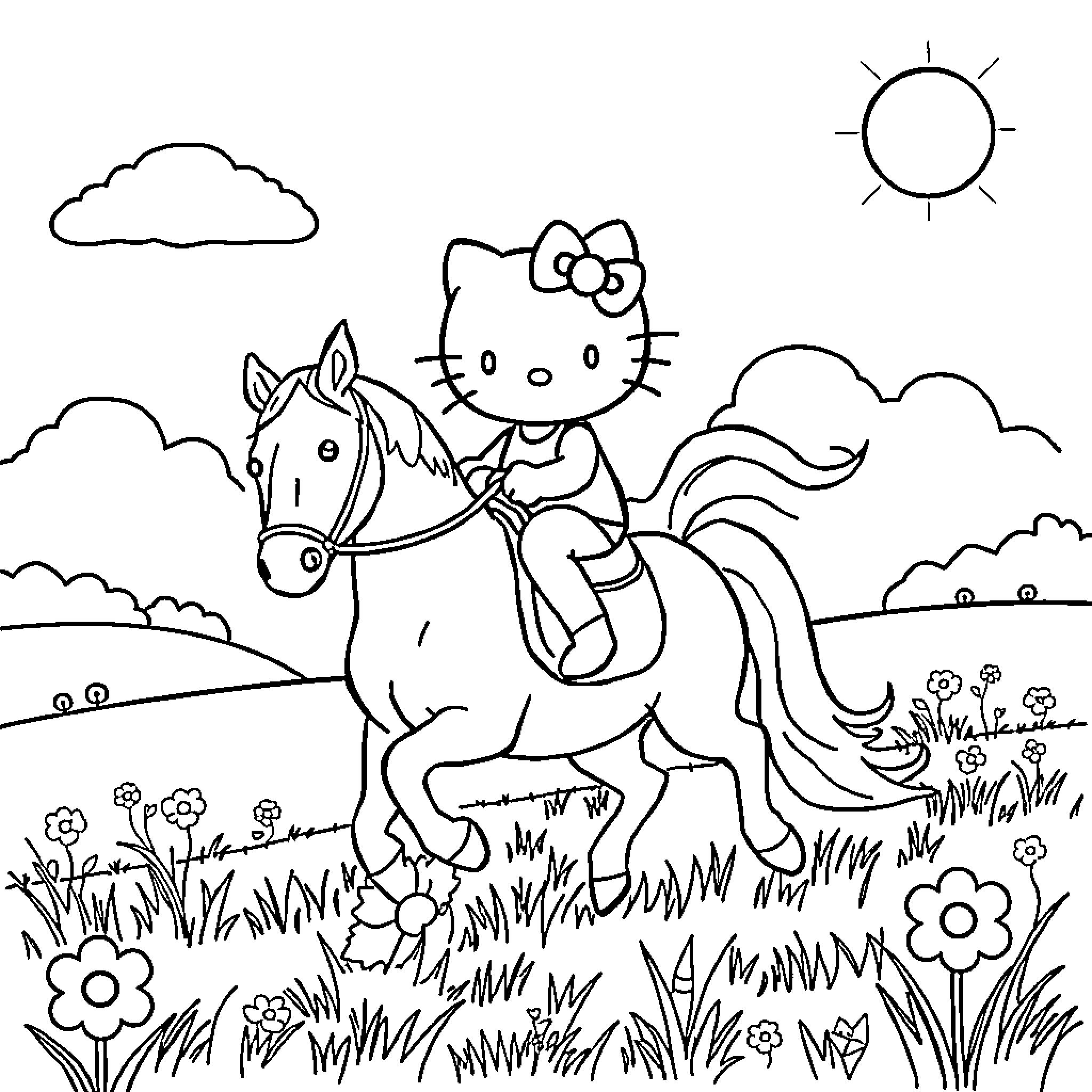 Hello Kitty riding a horse in a picturesque meadow Coloring Page (free black-and-white line drawing printable PDF for all, from beginners to advanced learners, including children, teens, adults, and seniors)