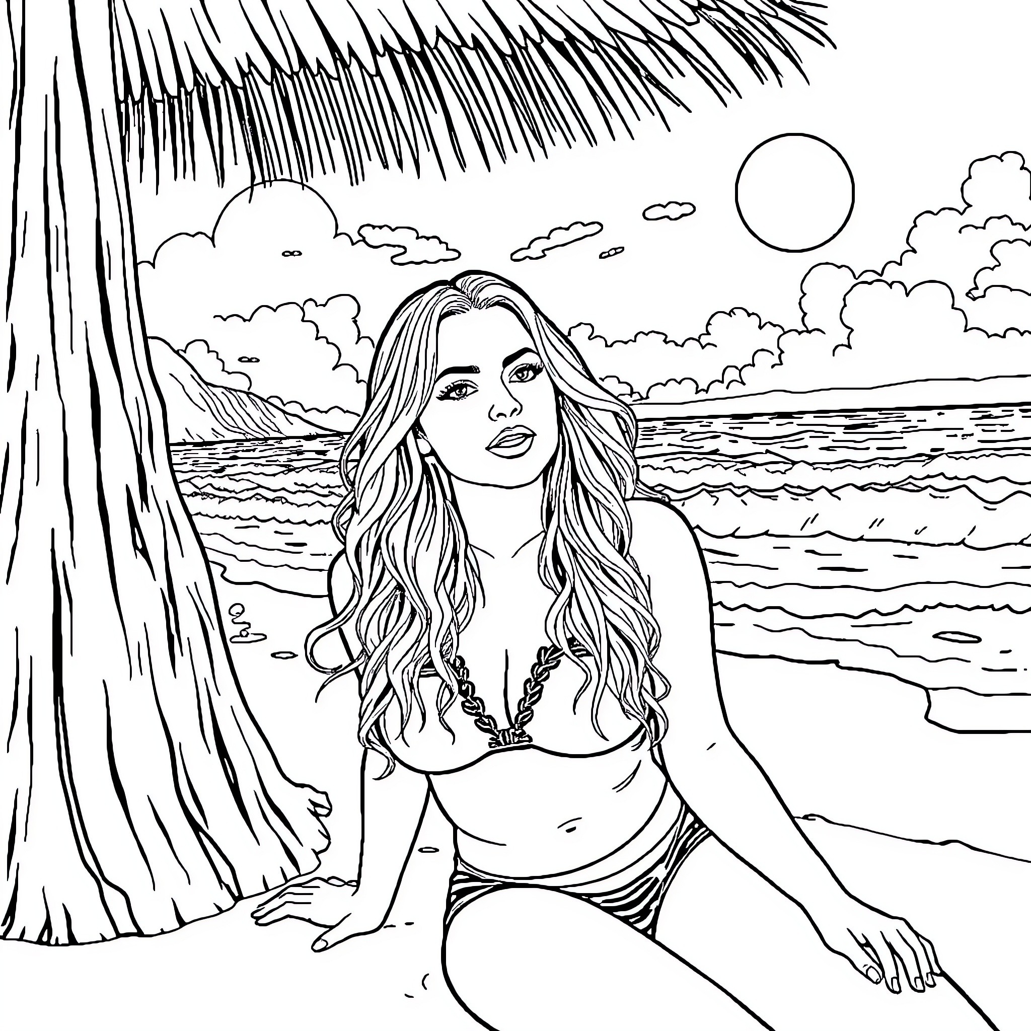 Britney Spears relaxing on the beach in a swimsuit Coloring Page (free black-and-white line drawing printable PDF for all, from beginners to advanced learners, including children, teens, adults, and seniors)