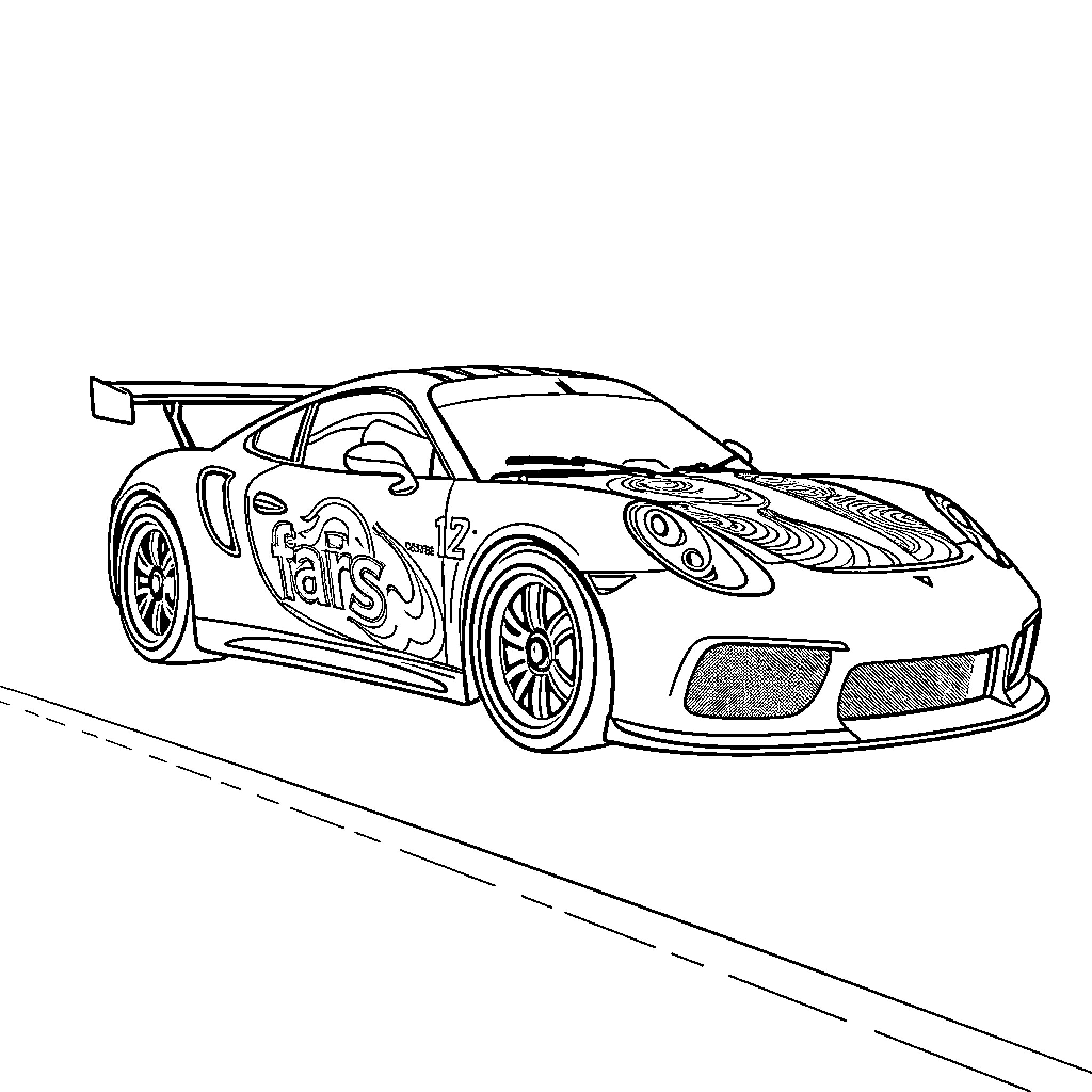 Race Car Speeding on the Track Coloring Page (free black-and-white line drawing printable PDF for all, from beginners to advanced learners, including children, teens, adults, and seniors)