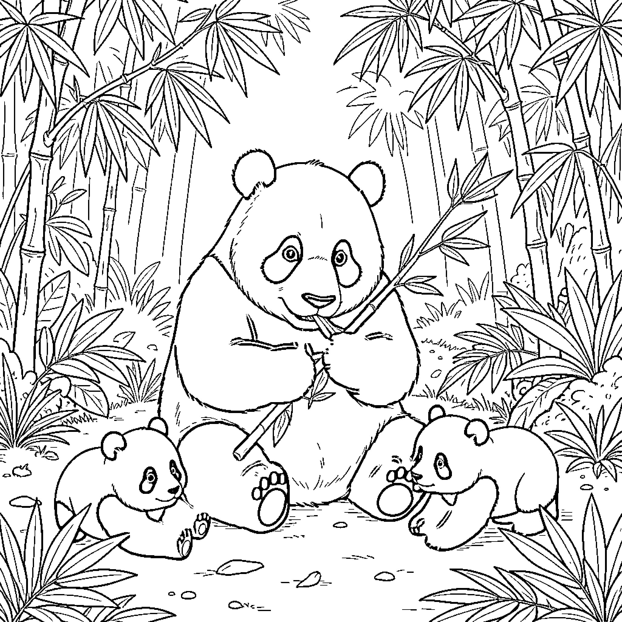 Panda family eating bamboo in a lush forest Coloring Page (free black-and-white line drawing printable PDF for all, from beginners to advanced learners, including children, teens, adults, and seniors)