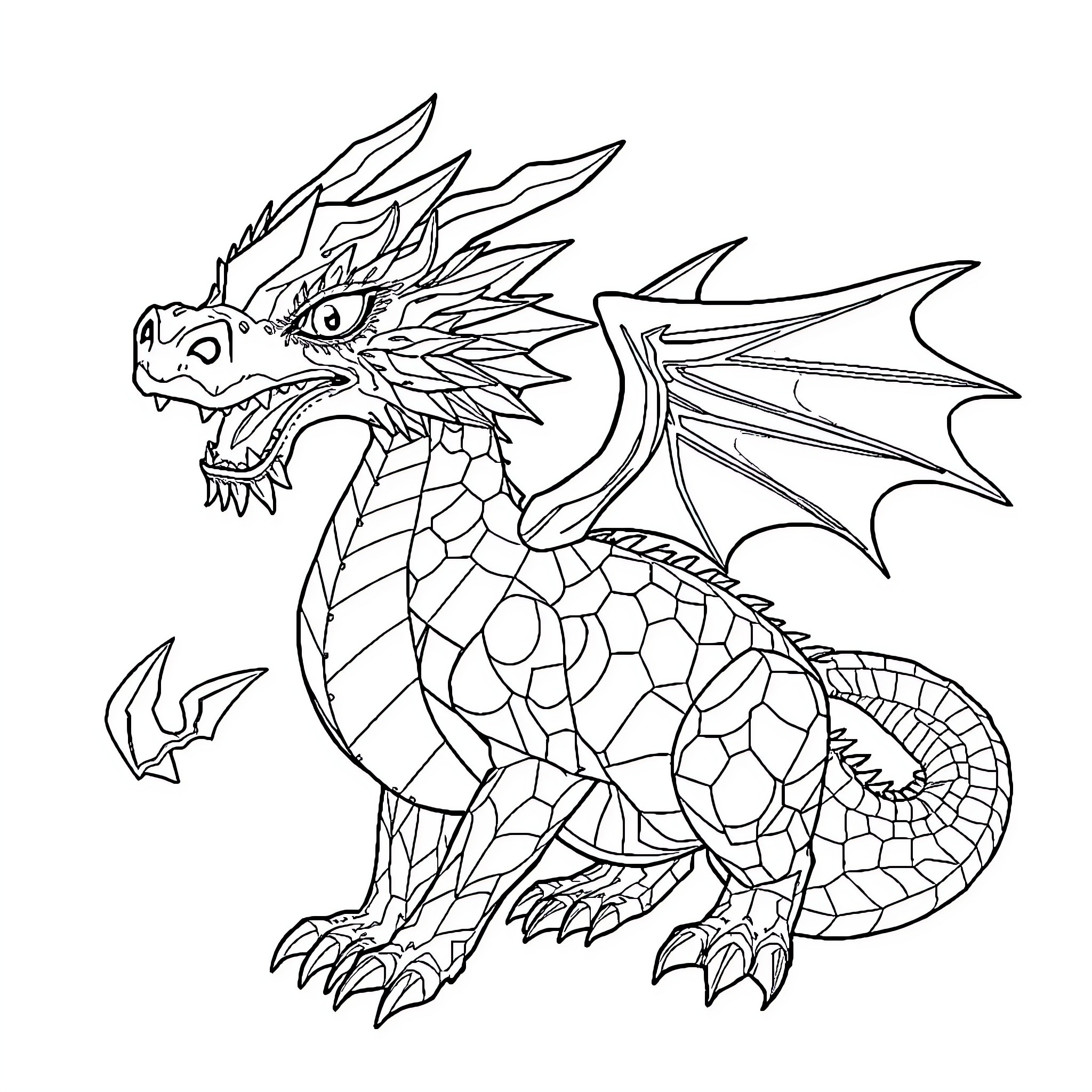 Dragon with Fierce Expression and Intricate Scales Coloring Page (free black-and-white line drawing printable PDF for all, from beginners to advanced learners, including children, teens, adults, and seniors)