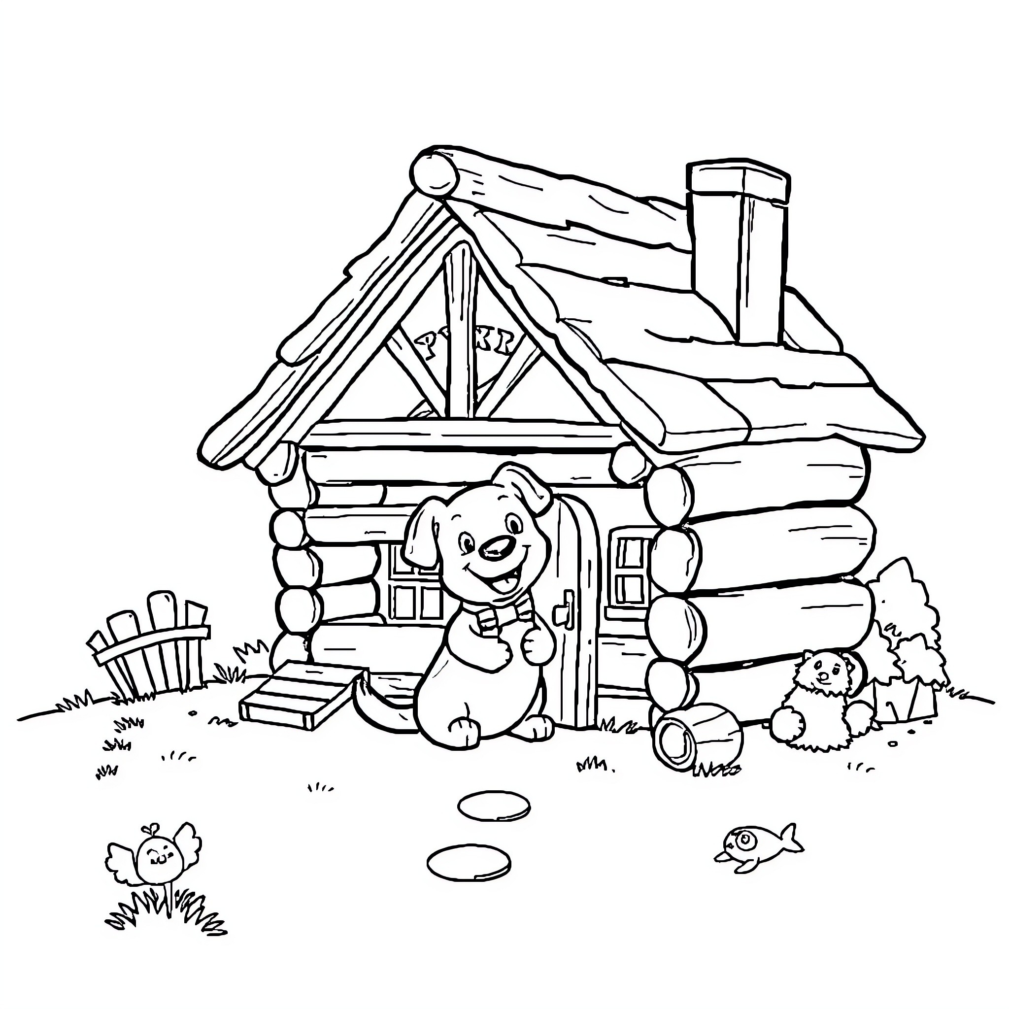 Dog playing outside the rustic log cabin Coloring Page (free black-and-white line drawing printable PDF for all, from beginners to advanced learners, including children, teens, adults, and seniors)