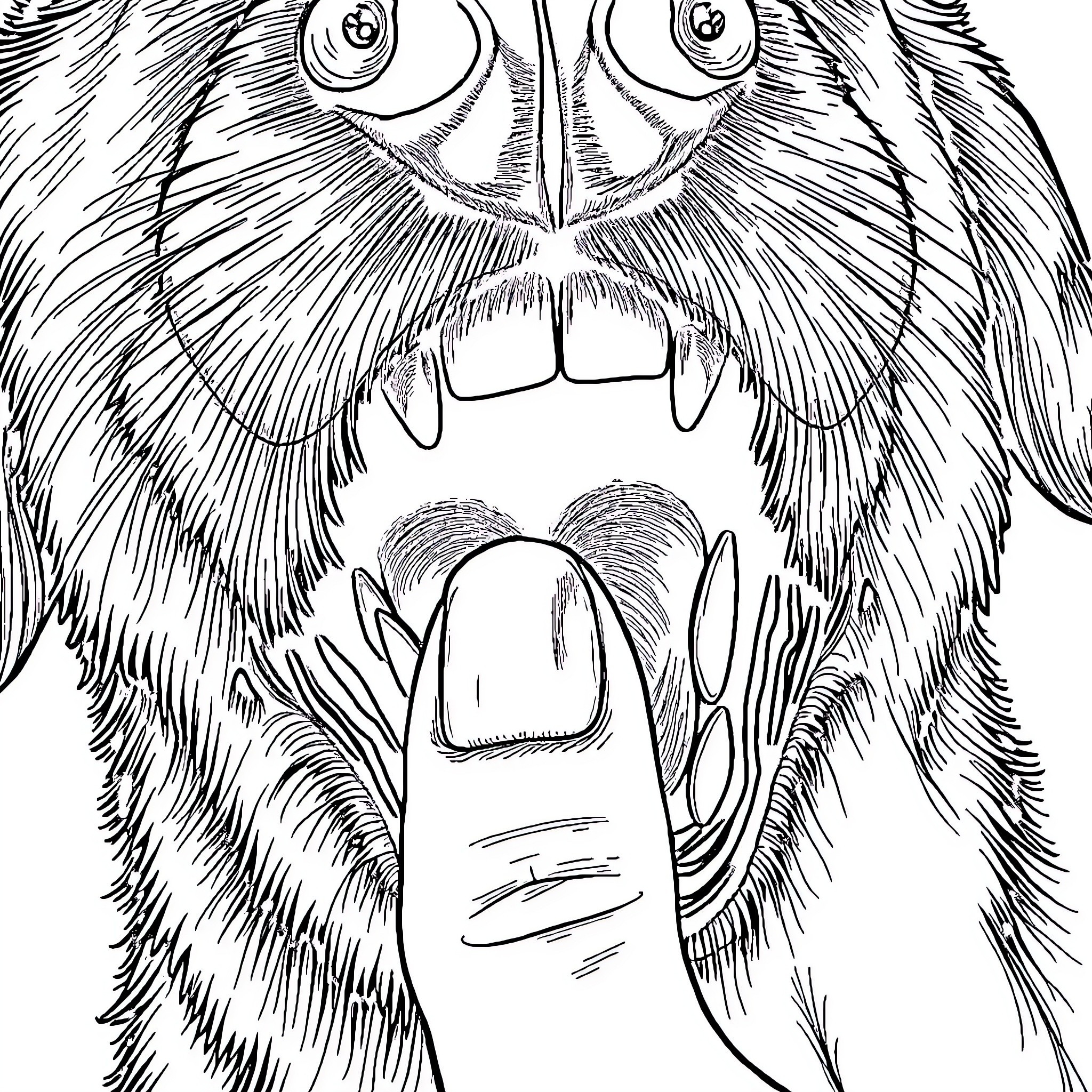 Dog growling ferociously with open mouth Coloring Page (free black-and-white line drawing printable PDF for all, from beginners to advanced learners, including children, teens, adults, and seniors)