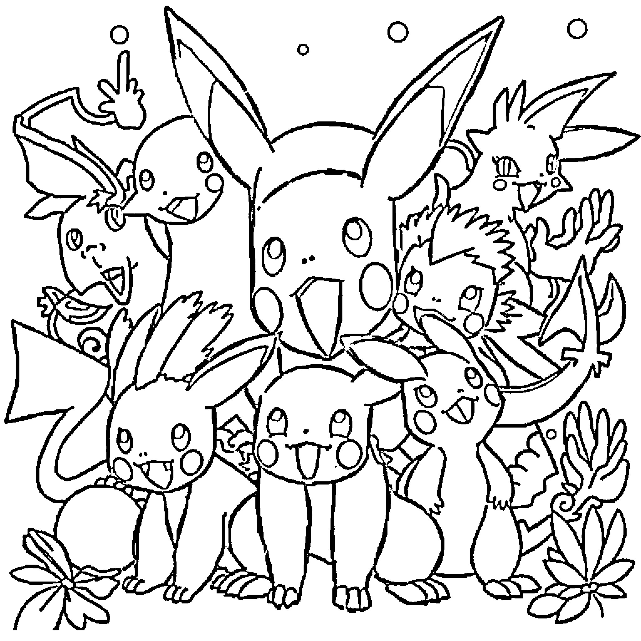 Pokémon Characters Exploring a Whimsical Scene Coloring Page (free black-and-white line drawing printable PDF for all, from beginners to advanced learners, including children, teens, adults, and seniors)