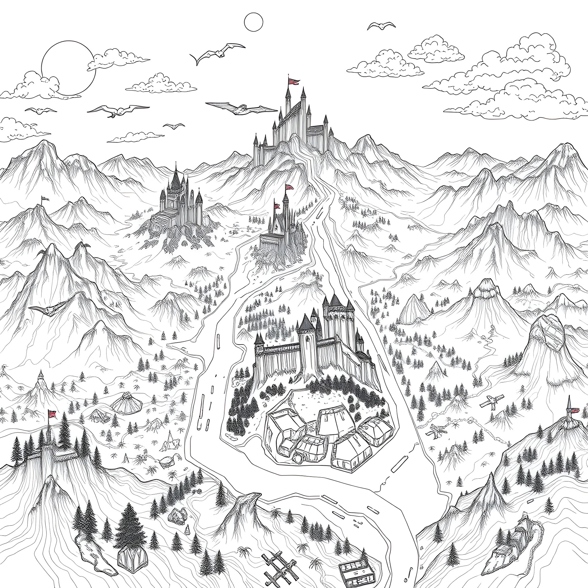 Map of a magical fantasy landscape with castles and mountains Coloring Page (free black-and-white line drawing printable PDF for all, from beginners to advanced learners, including children, teens, adults, and seniors)