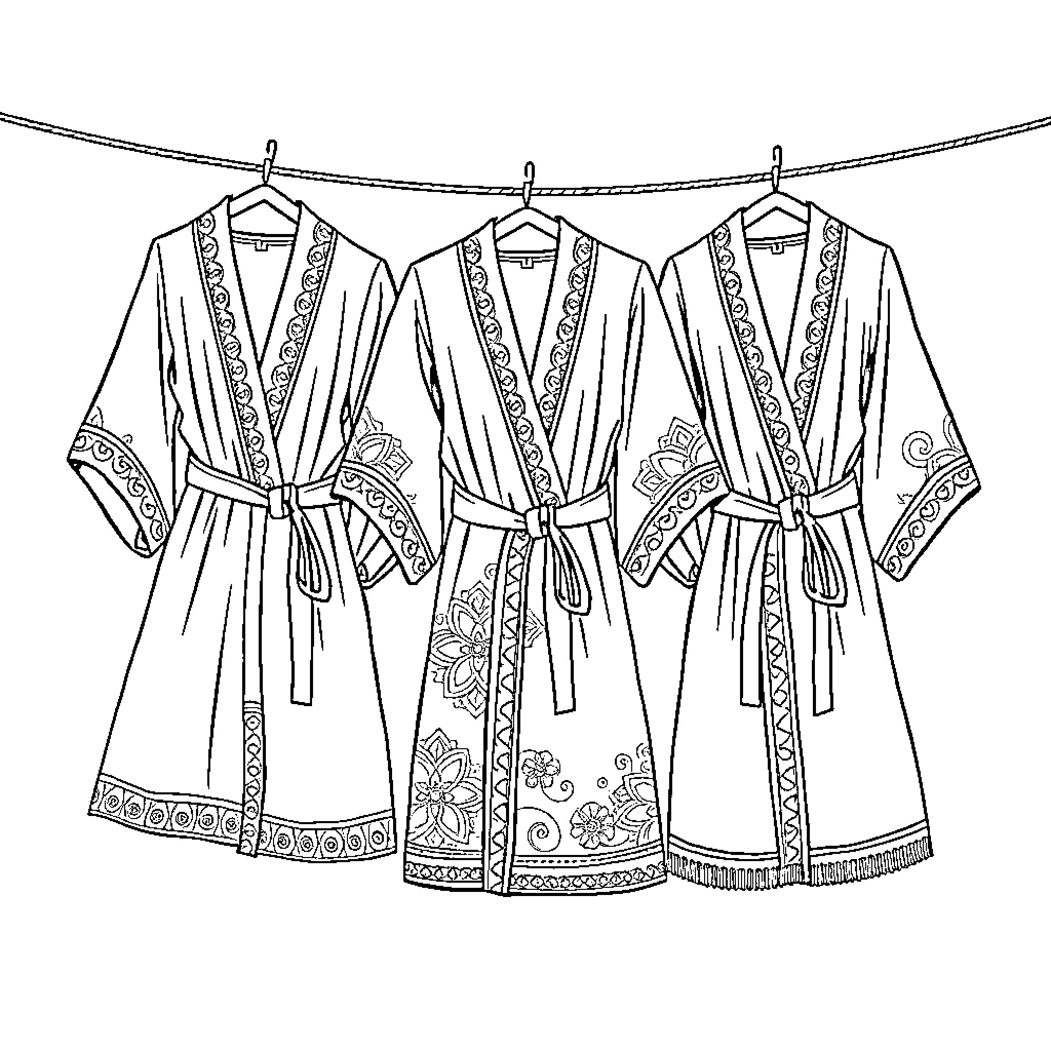 Boubou Robes Hanging on the Line Coloring Page (free black-and-white line drawing printable PDF for all, from beginners to advanced learners, including children, teens, adults, and seniors)