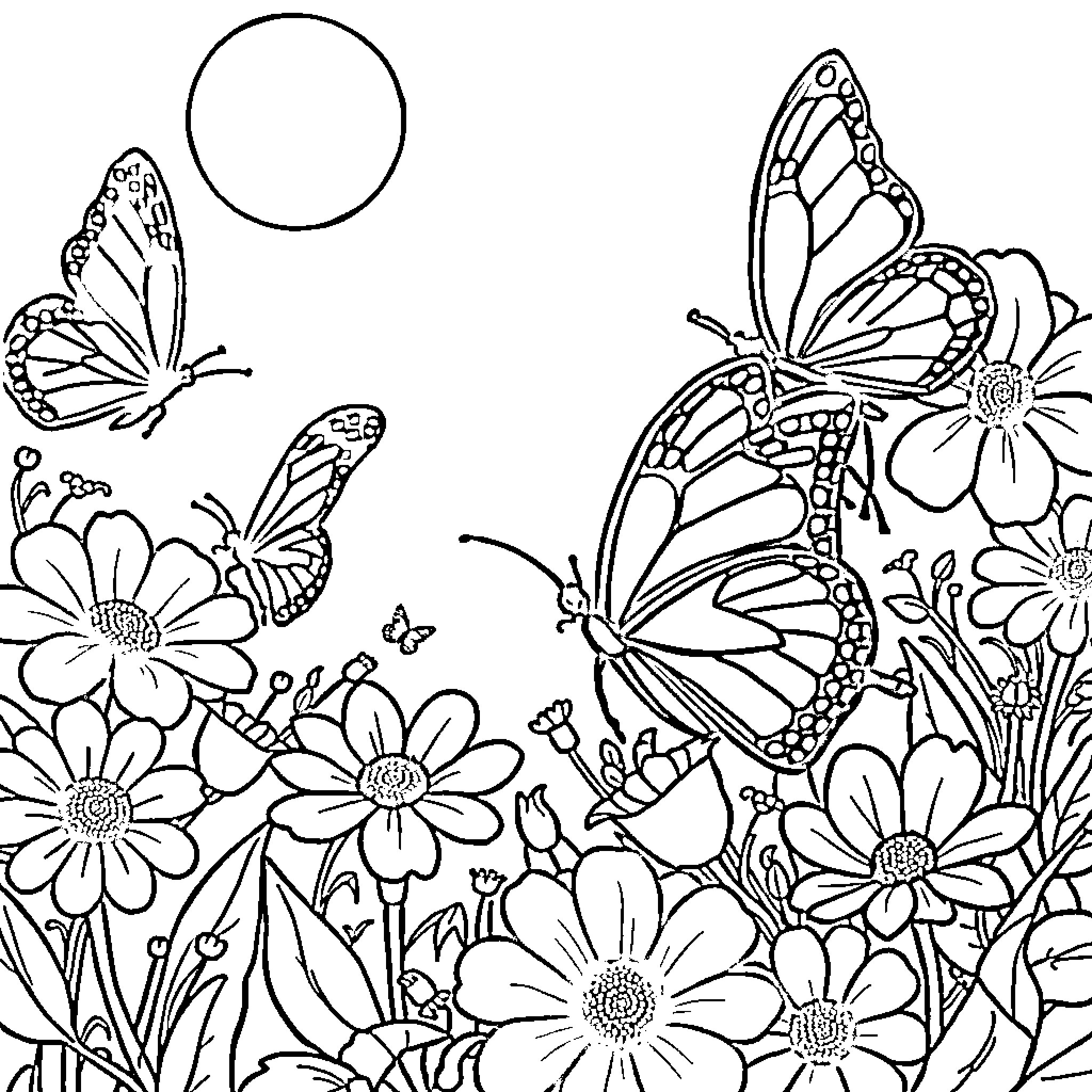 Butterflies dancing among vibrant flowers Coloring Page (free black-and-white line drawing printable PDF for all, from beginners to advanced learners, including children, teens, adults, and seniors)