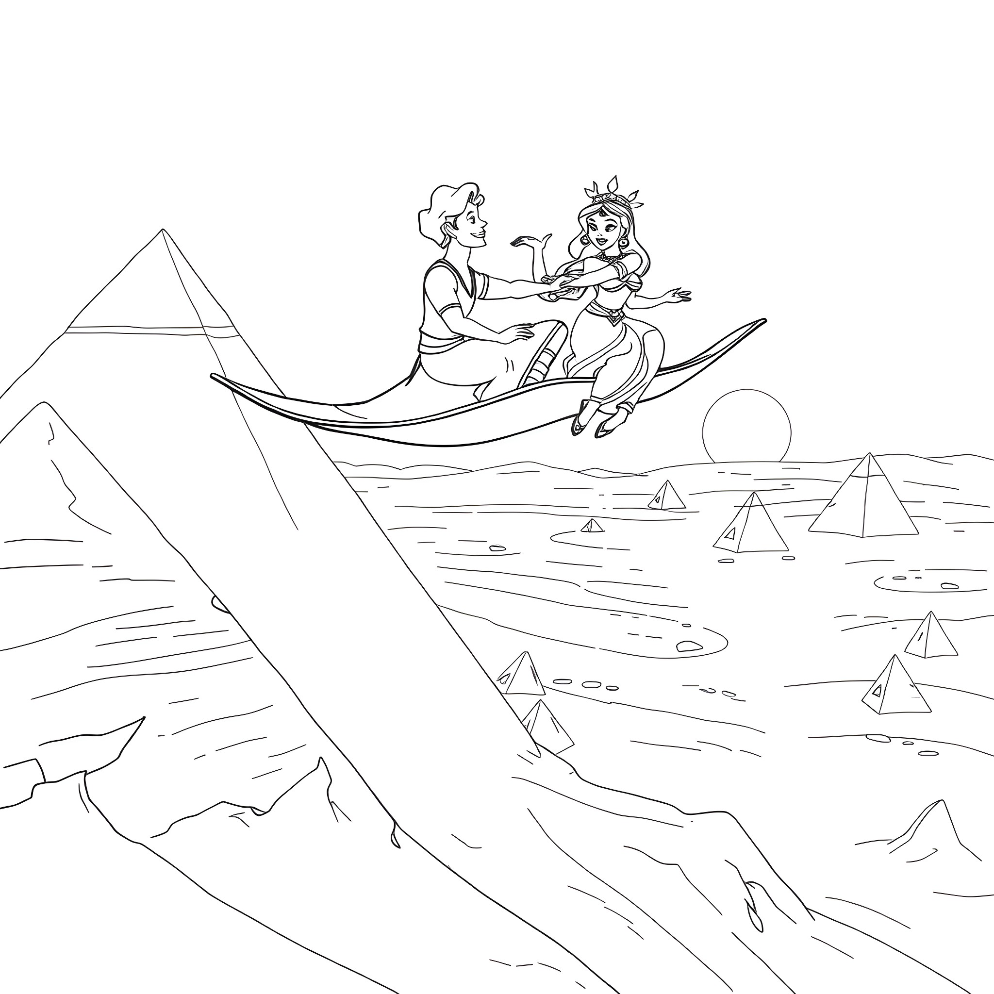 Aladdin and Princess Jasmine's magical flying carpet adventure Coloring Page (free black-and-white line drawing printable PDF for all, from beginners to advanced learners, including children, teens, adults, and seniors)