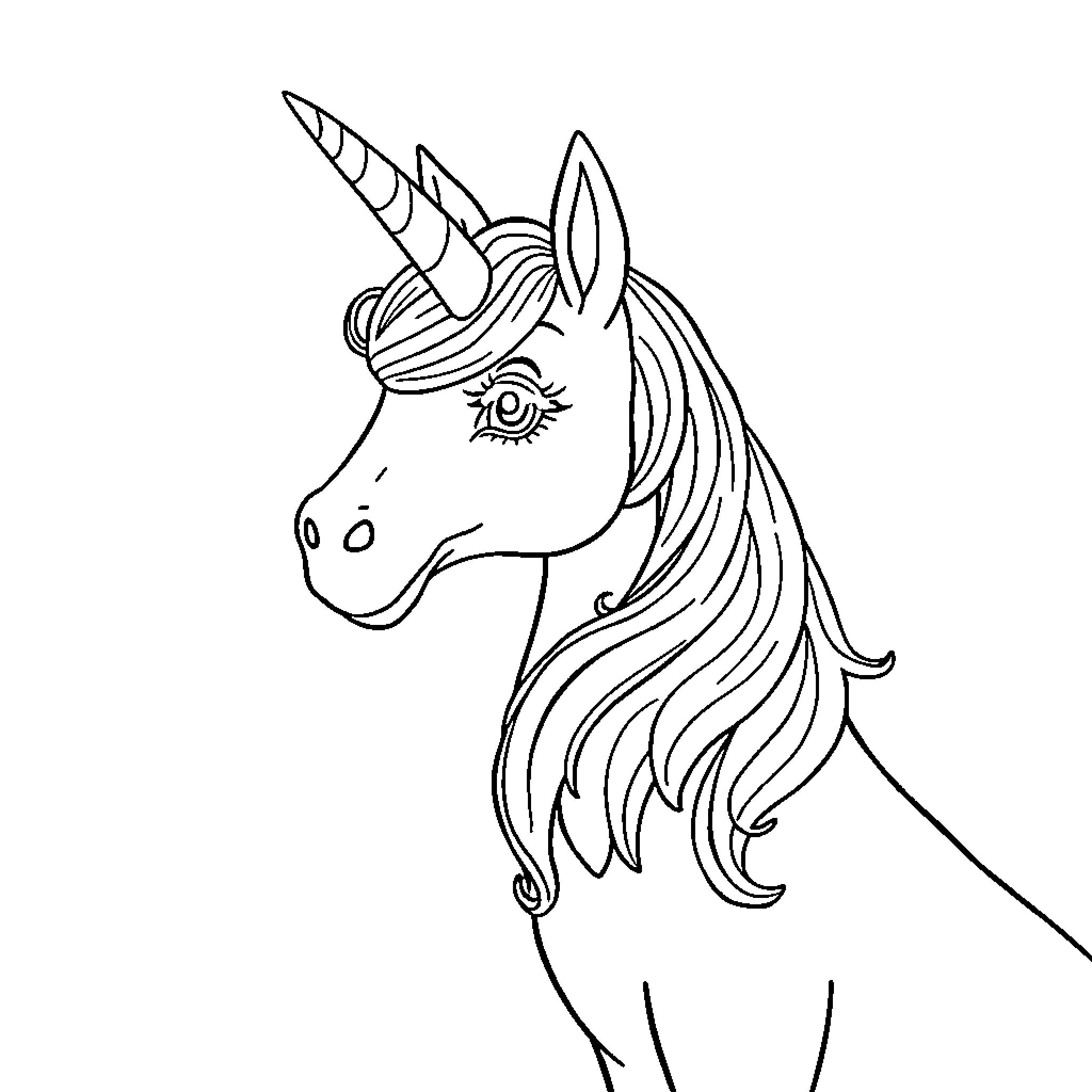 Unicorn with Flowing Mane and Horn Coloring Page (free black-and-white line drawing printable PDF for all, from beginners to advanced learners, including children, teens, adults, and seniors)