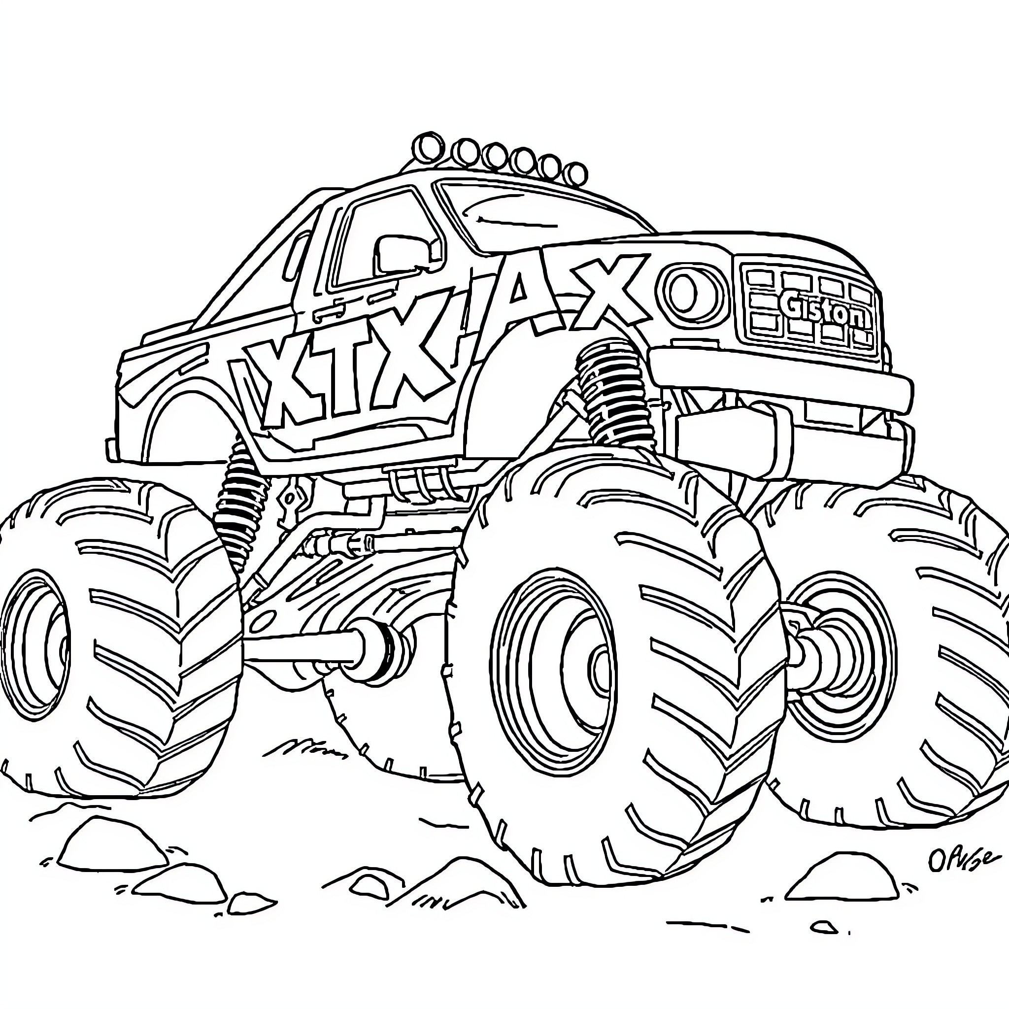 Monster Truck Performing Extreme Stunts on Muddy Terrain Coloring Page (free black-and-white line drawing printable PDF for all, from beginners to advanced learners, including children, teens, adults, and seniors)