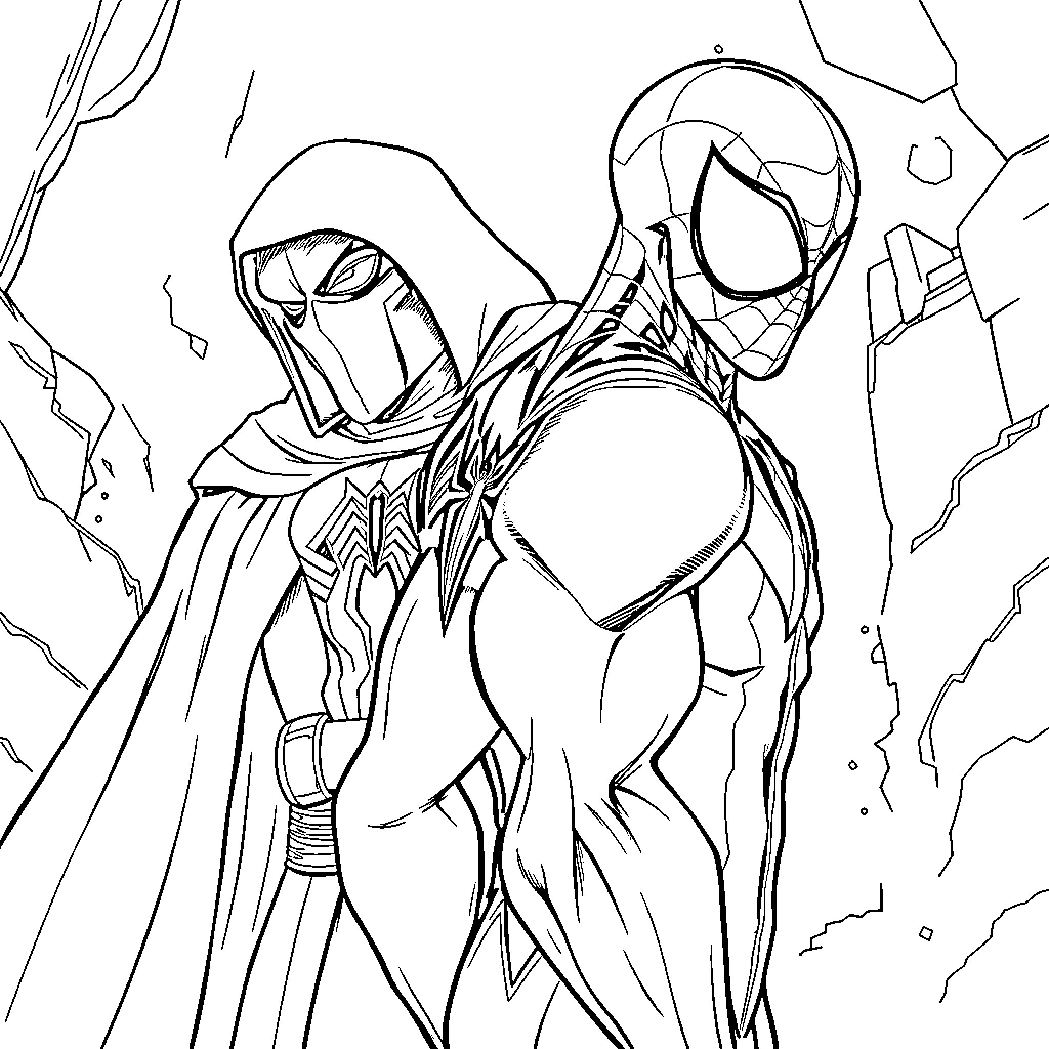 Spiderman battling a mysterious foe in action-packed scene Coloring Page (free black-and-white line drawing printable PDF for all, from beginners to advanced learners, including children, teens, adults, and seniors)