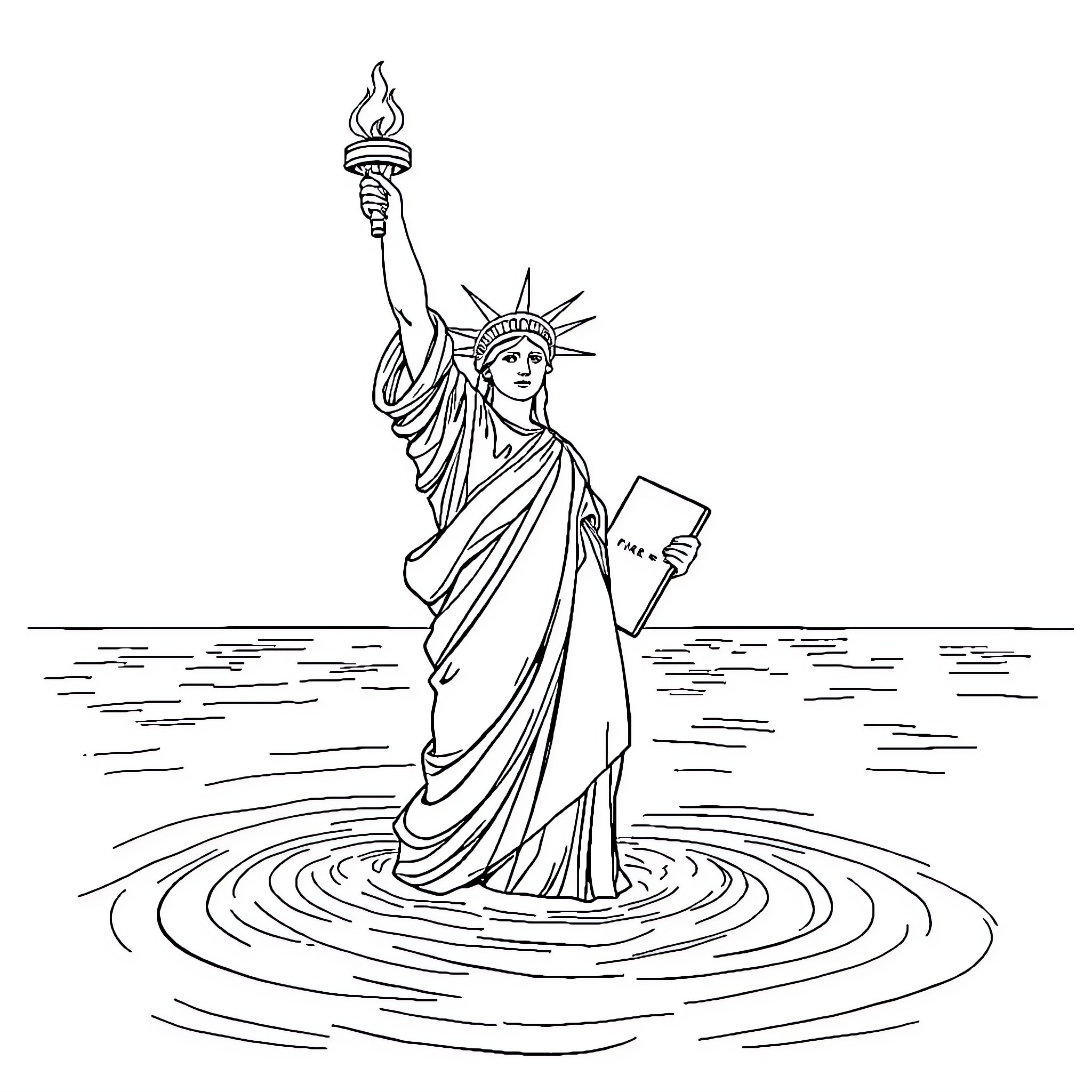 Statue Of Liberty Standing Firm in Rippling Waters Coloring Page (free black-and-white line drawing printable PDF for all, from beginners to advanced learners, including children, teens, adults, and seniors)
