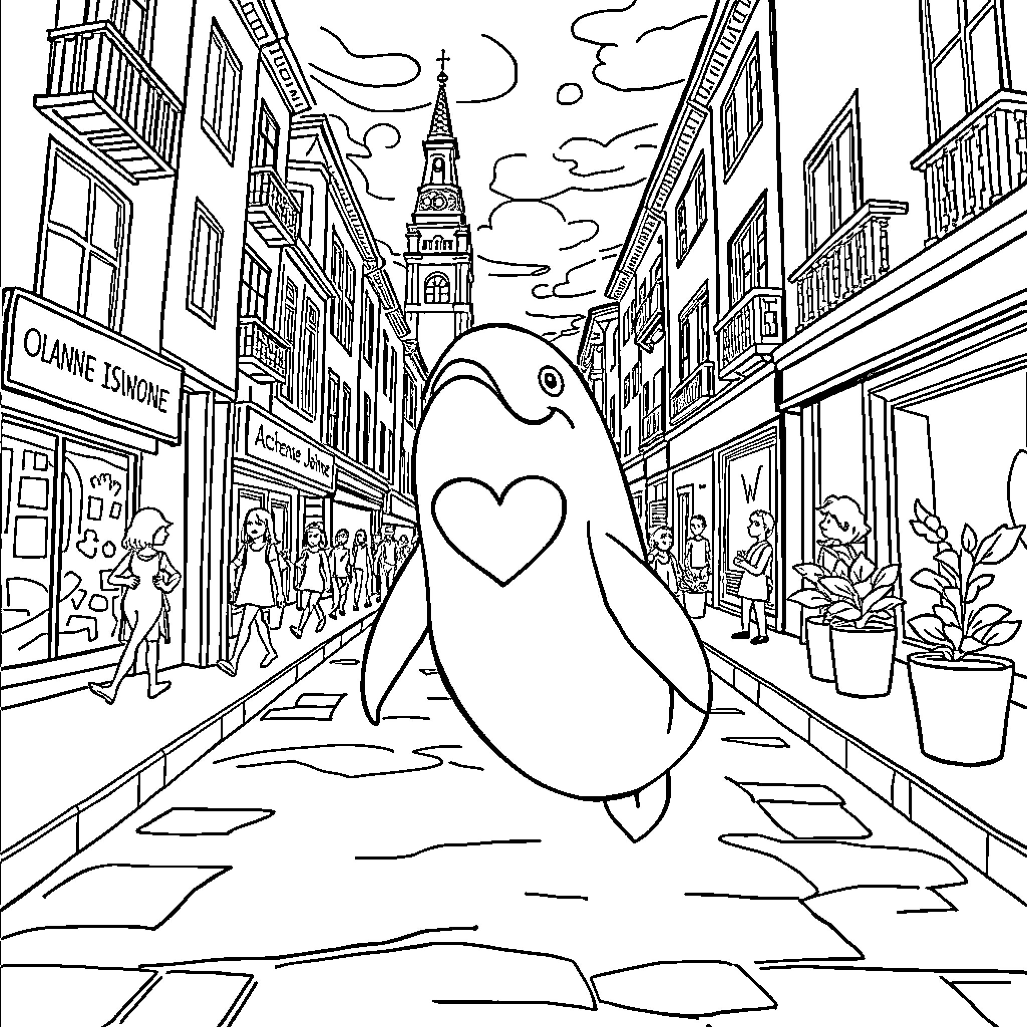 Dolphin wandering through a lively city street Coloring Page (free black-and-white line drawing printable PDF for all, from beginners to advanced learners, including children, teens, adults, and seniors)