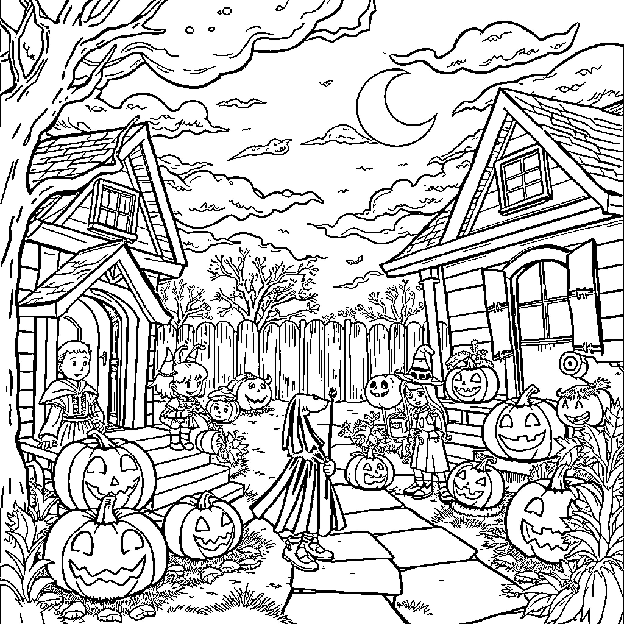 Halloween Neighborhood Trick-or-Treating Fun Coloring Page (free black-and-white line drawing printable PDF for all, from beginners to advanced learners, including children, teens, adults, and seniors)