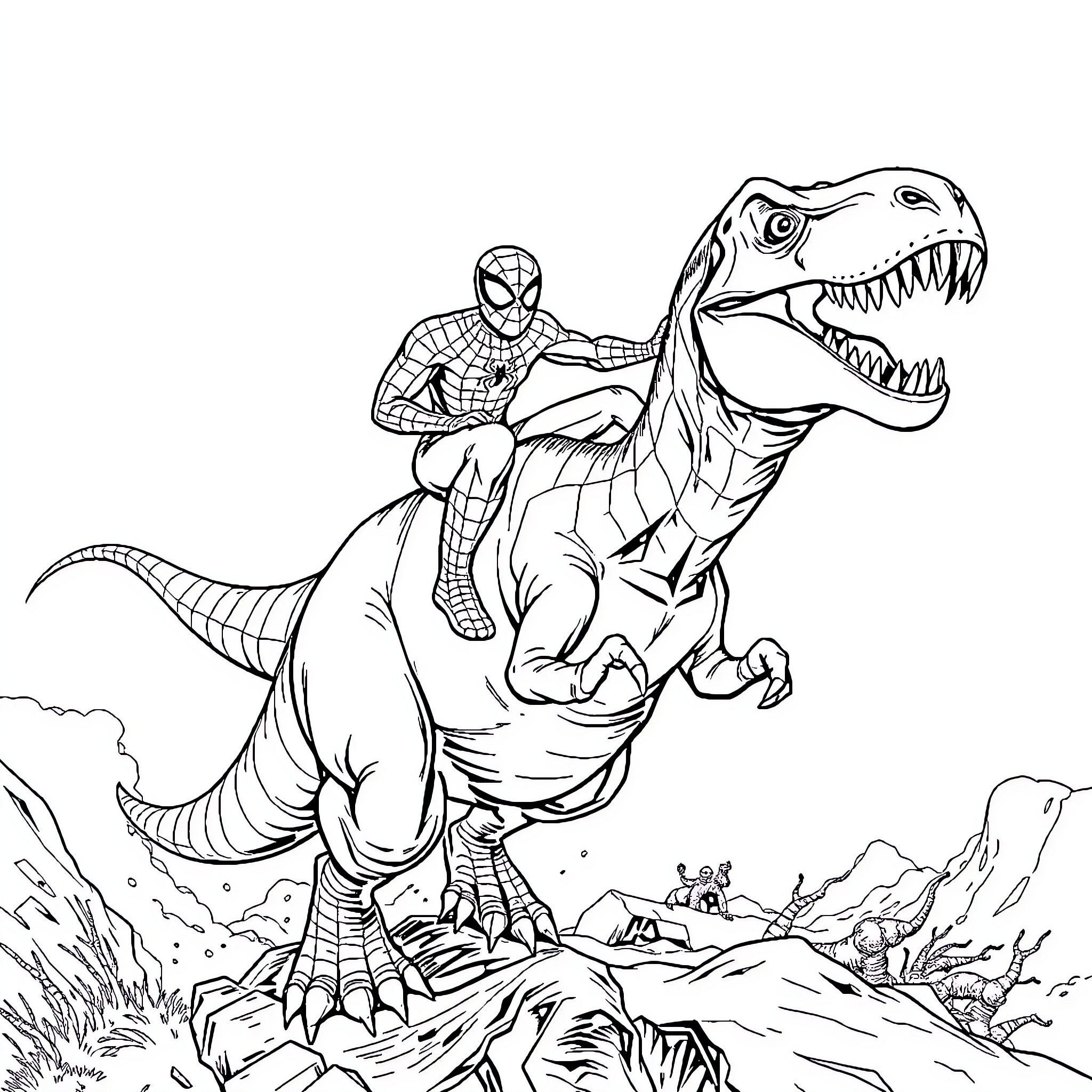 Spiderman riding a fearsome dinosaur Coloring Page (free black-and-white line drawing printable PDF for all, from beginners to advanced learners, including children, teens, adults, and seniors)