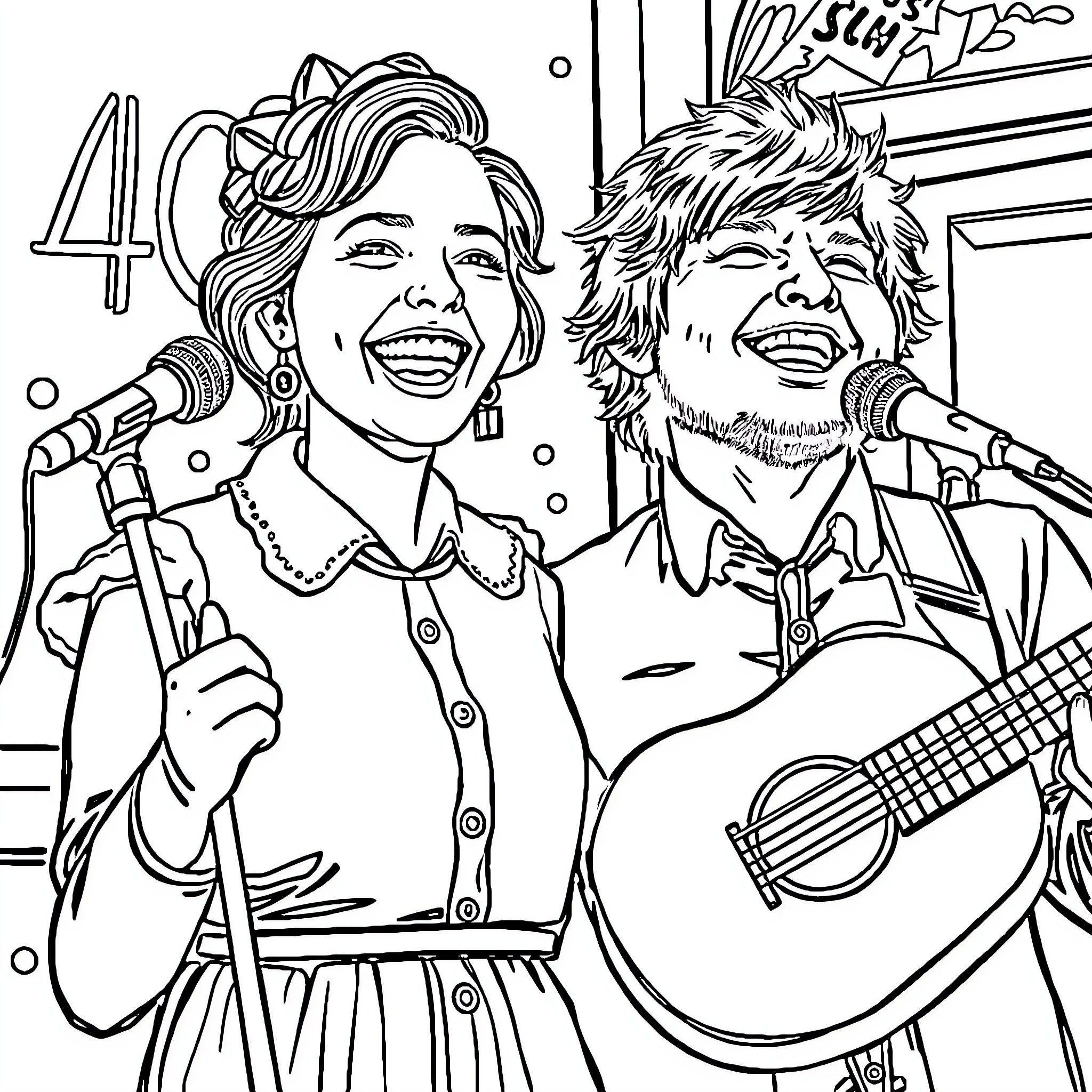 Maîtresse of the Stage: Celebratory Musical Performance Coloring Page (free black-and-white line drawing printable PDF for all, from beginners to advanced learners, including children, teens, adults, and seniors)