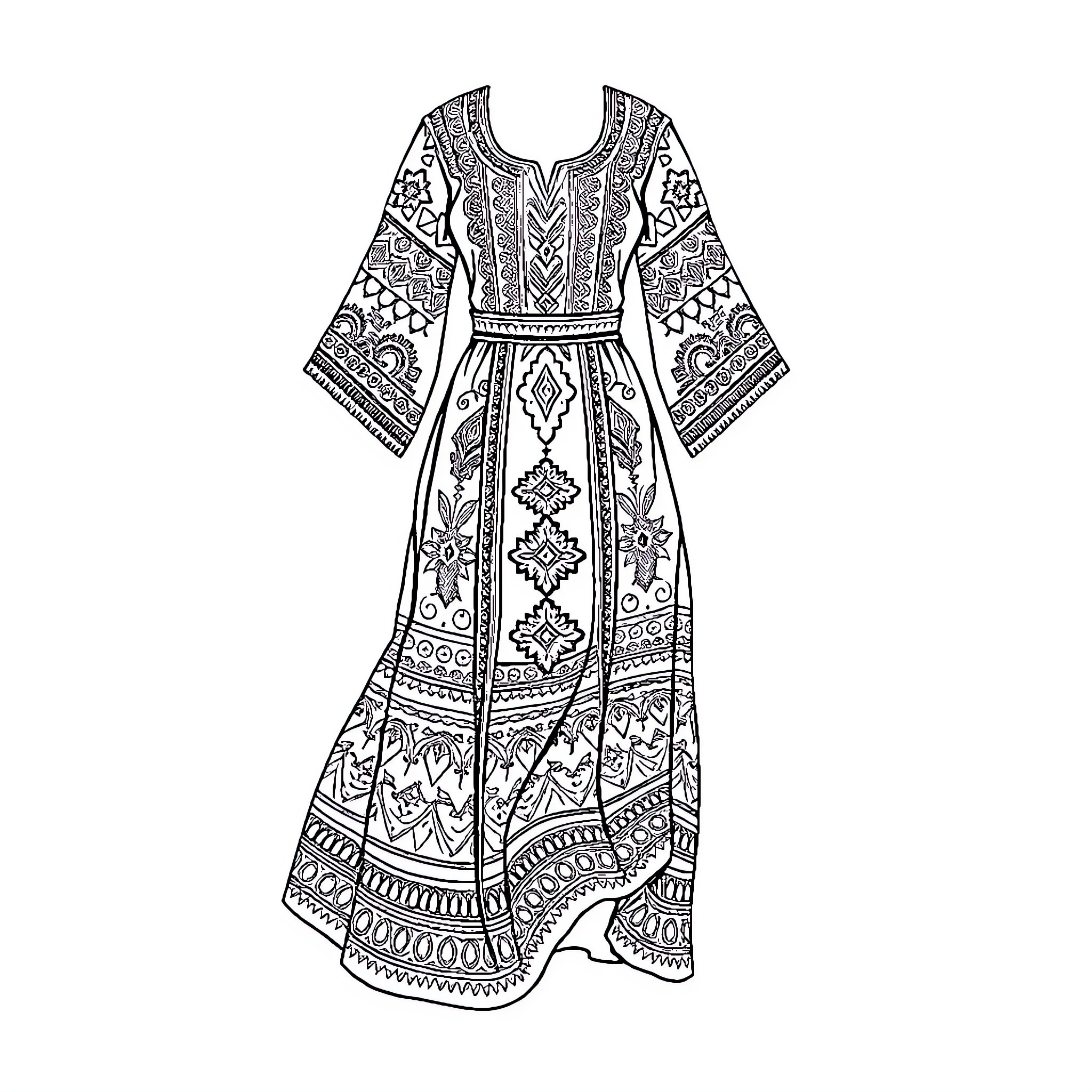 Afghan Dress with Intricate Floral and Geometric Patterns Coloring Page (free black-and-white line drawing printable PDF for all, from beginners to advanced learners, including children, teens, adults, and seniors)