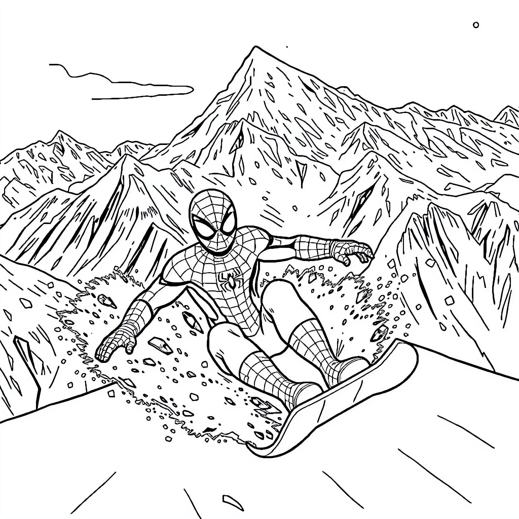 Spider-Man snowboarding in the mountains Coloring Page (free black-and-white line drawing printable PDF for all, from beginners to advanced learners, including children, teens, adults, and seniors)
