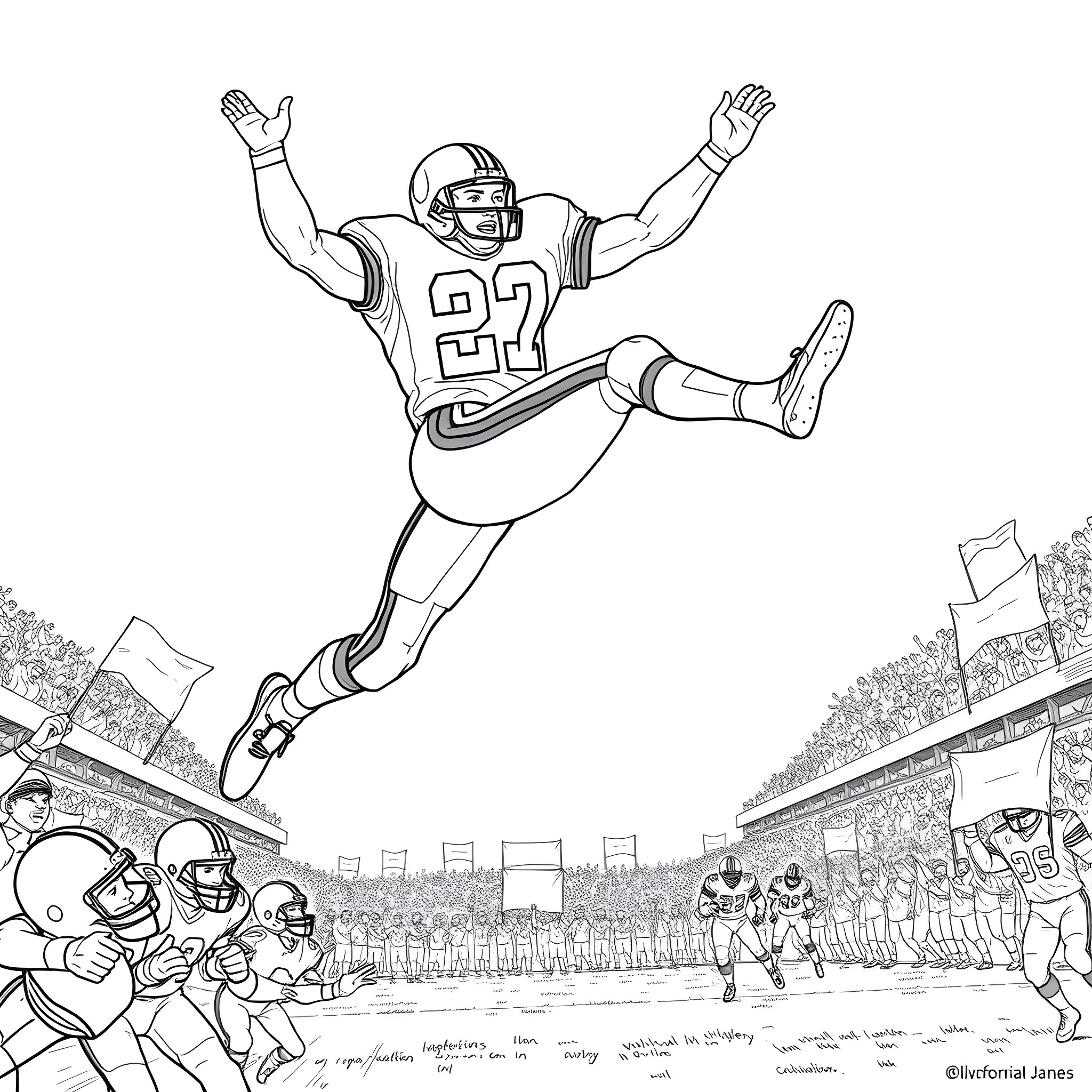 Walter Payton making a touchdown pass in a football game Coloring Page (free black-and-white line drawing printable PDF for all, from beginners to advanced learners, including children, teens, adults, and seniors)