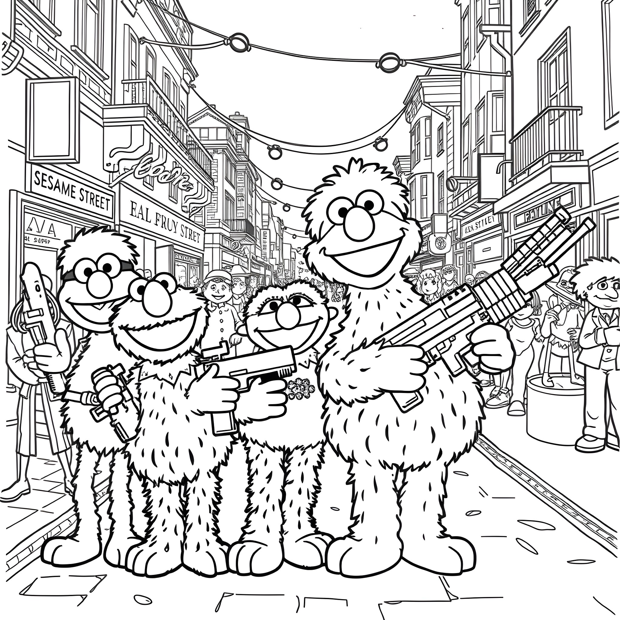 Sesame Street characters having fun on a crowded street Coloring Page (free black-and-white line drawing printable PDF for all, from beginners to advanced learners, including children, teens, adults, and seniors)