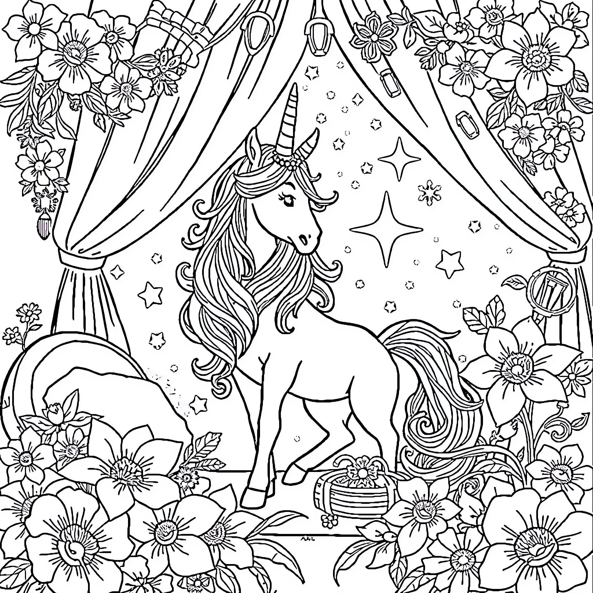 Unicorn surrounded by magical flowers and stars Coloring Page (free black-and-white line drawing printable PDF for all, from beginners to advanced learners, including children, teens, adults, and seniors)