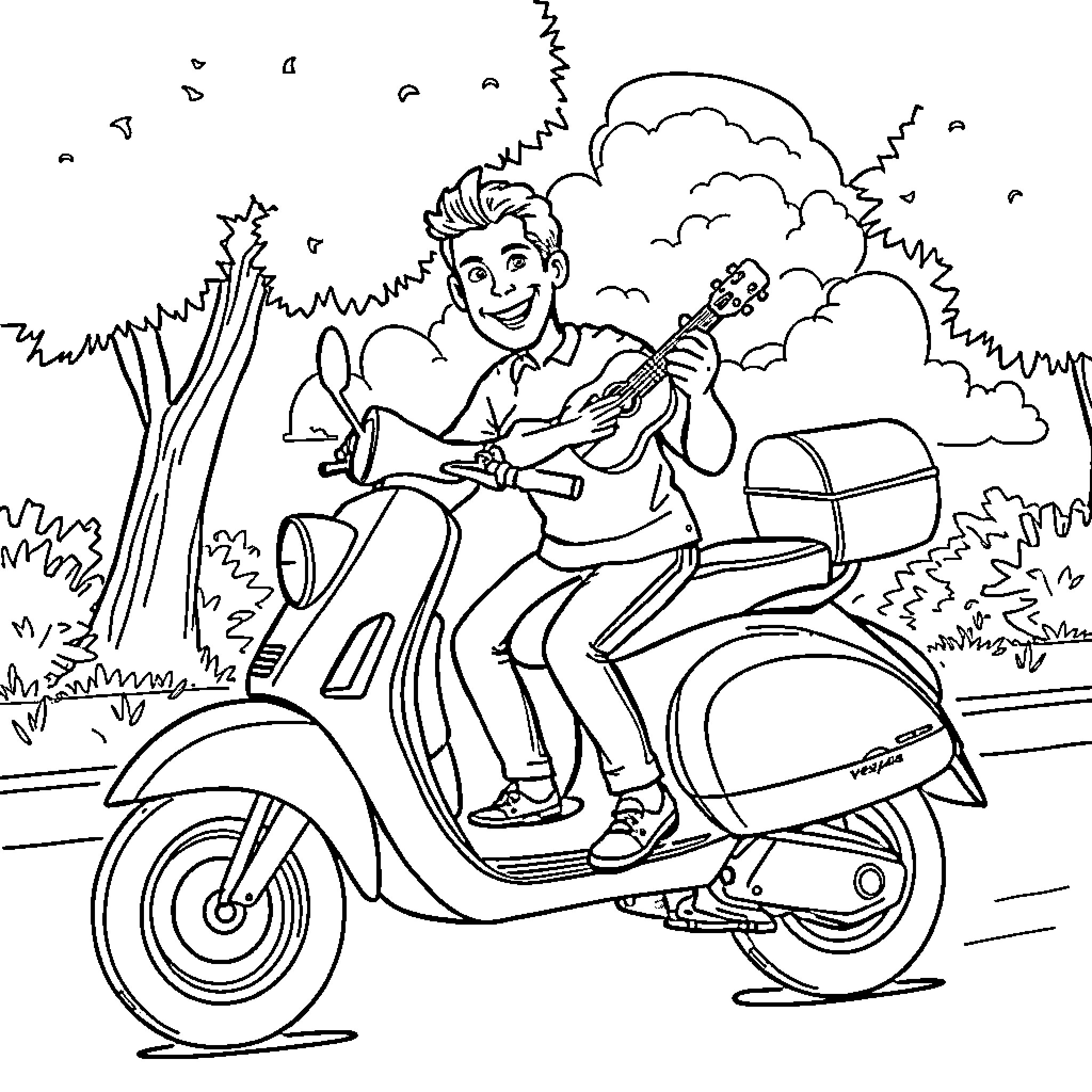 Pedro Sanchez rides happily on a scooter through a park Coloring Page (free black-and-white line drawing printable PDF for all, from beginners to advanced learners, including children, teens, adults, and seniors)