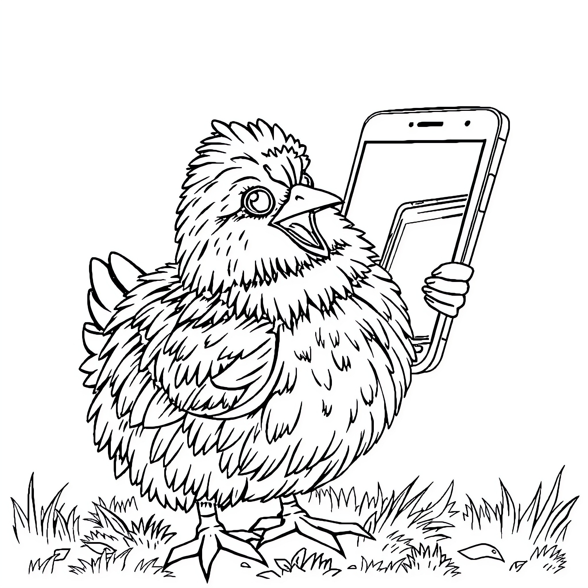 Chicken taking a selfie on the grass Coloring Page (free black-and-white line drawing printable PDF for all, from beginners to advanced learners, including children, teens, adults, and seniors)