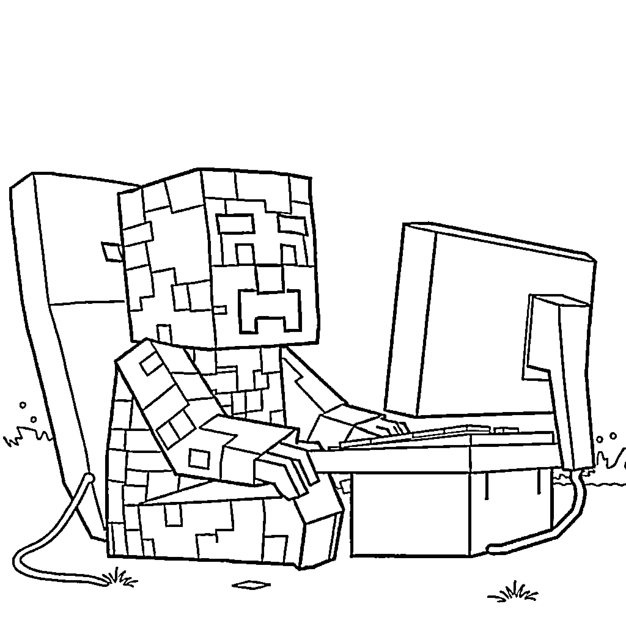 Creeper sitting at a computer console Coloring Page (free black-and-white line drawing printable PDF for all, from beginners to advanced learners, including children, teens, adults, and seniors)