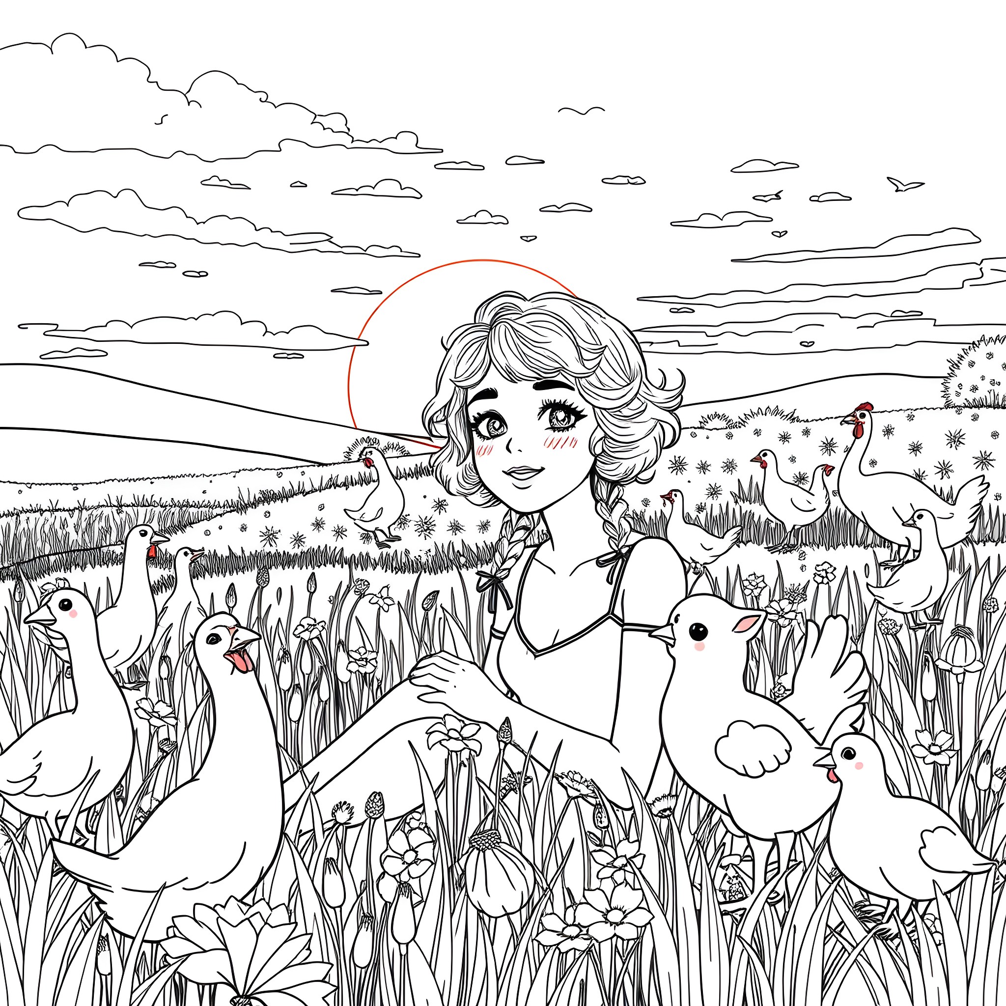 Woman surrounded by a field of whimsical animals Coloring Page (free black-and-white line drawing printable PDF for all, from beginners to advanced learners, including children, teens, adults, and seniors)