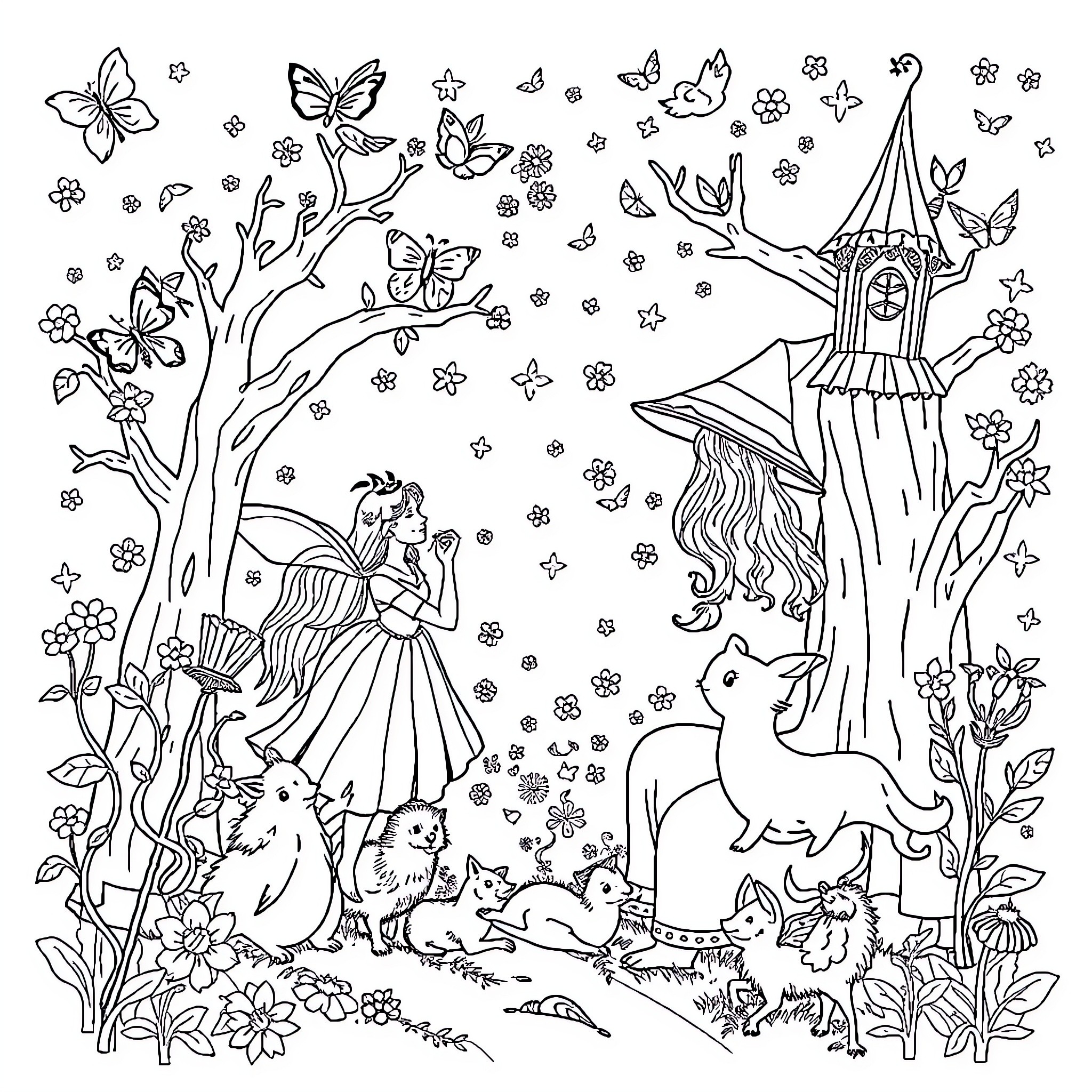 Fairy Tale Princess and Unicorn in Enchanted Forest Coloring Page (free black-and-white line drawing printable PDF for all, from beginners to advanced learners, including children, teens, adults, and seniors)